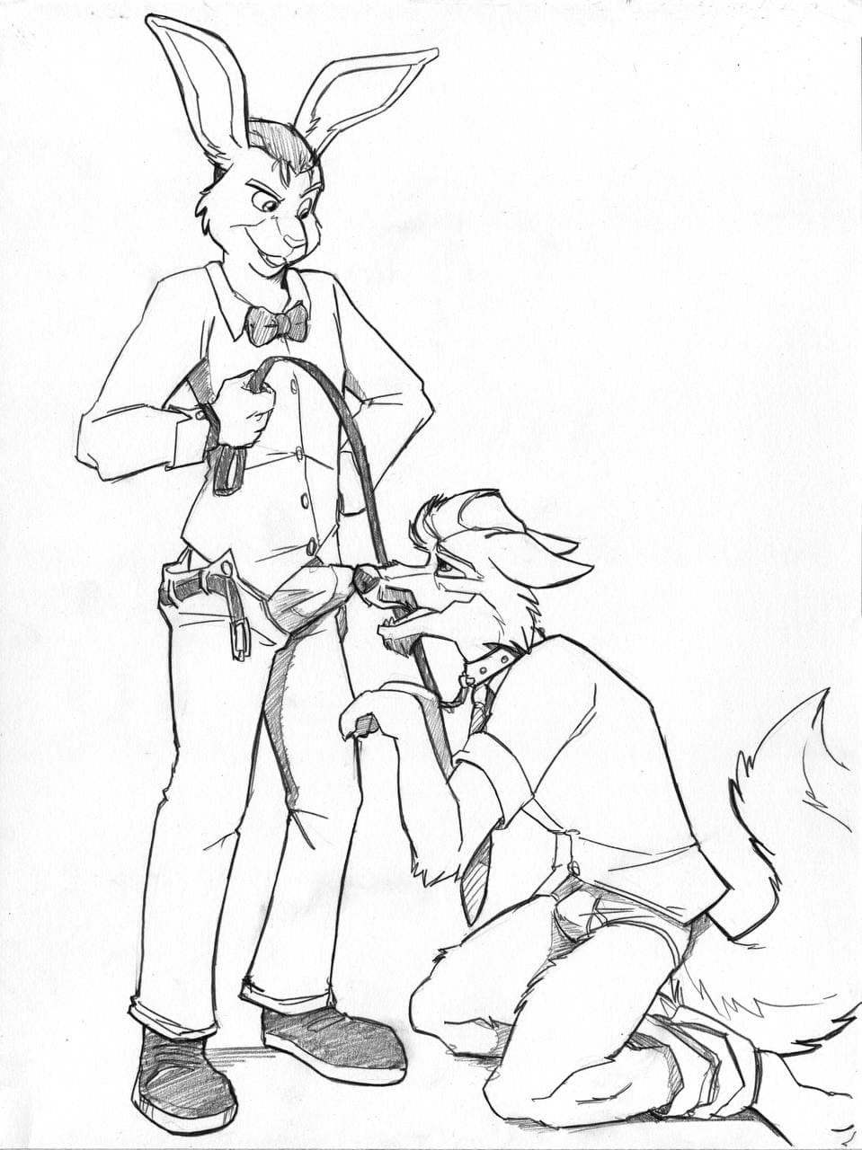 anthro barefoot beard black_and_white bottomwear bottomwear_down bow_tie briefs buckteeth bulge canid canine cirruskitfox clothed clothing collar dress_shirt erection facial_hair feet hi_res lagomorph leash leporid male mammal monochrome moustache mr._white pants pants_down partially_clothed rabbit shirt sleazy_(character) smile solo teeth tenting topwear underwear