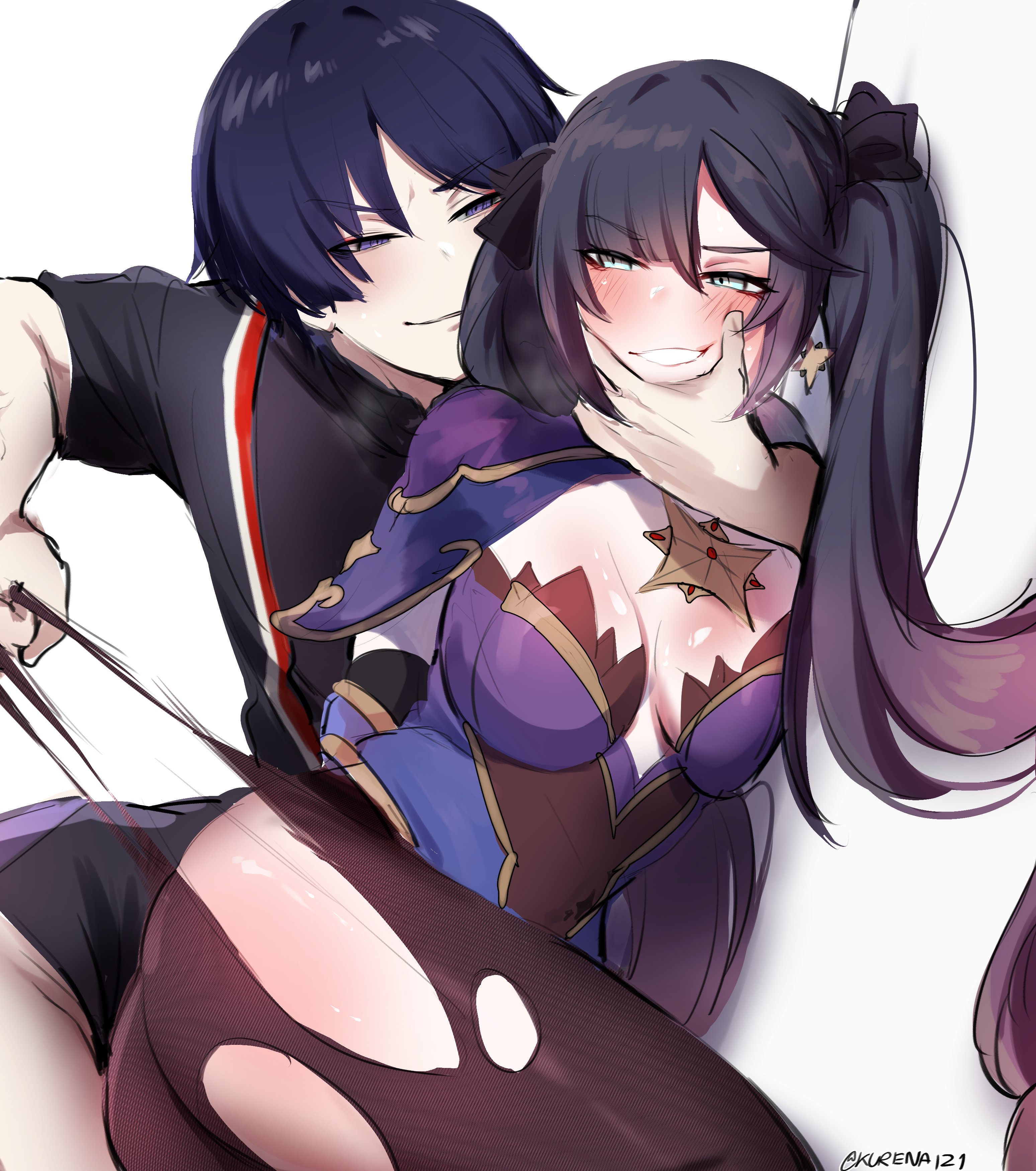 1boy, 1girls, arms behind back, ass, black legwear, blue eyes, blue hair, blush, bondage, breasts, face grab, female, genshin impact, kurenaiz1, male, maledom, mischievous smile, mona (genshin impact), pantyhose, scaramouche (genshin impact), smile, straight, tearing clothes, torn pantyhose, twintails