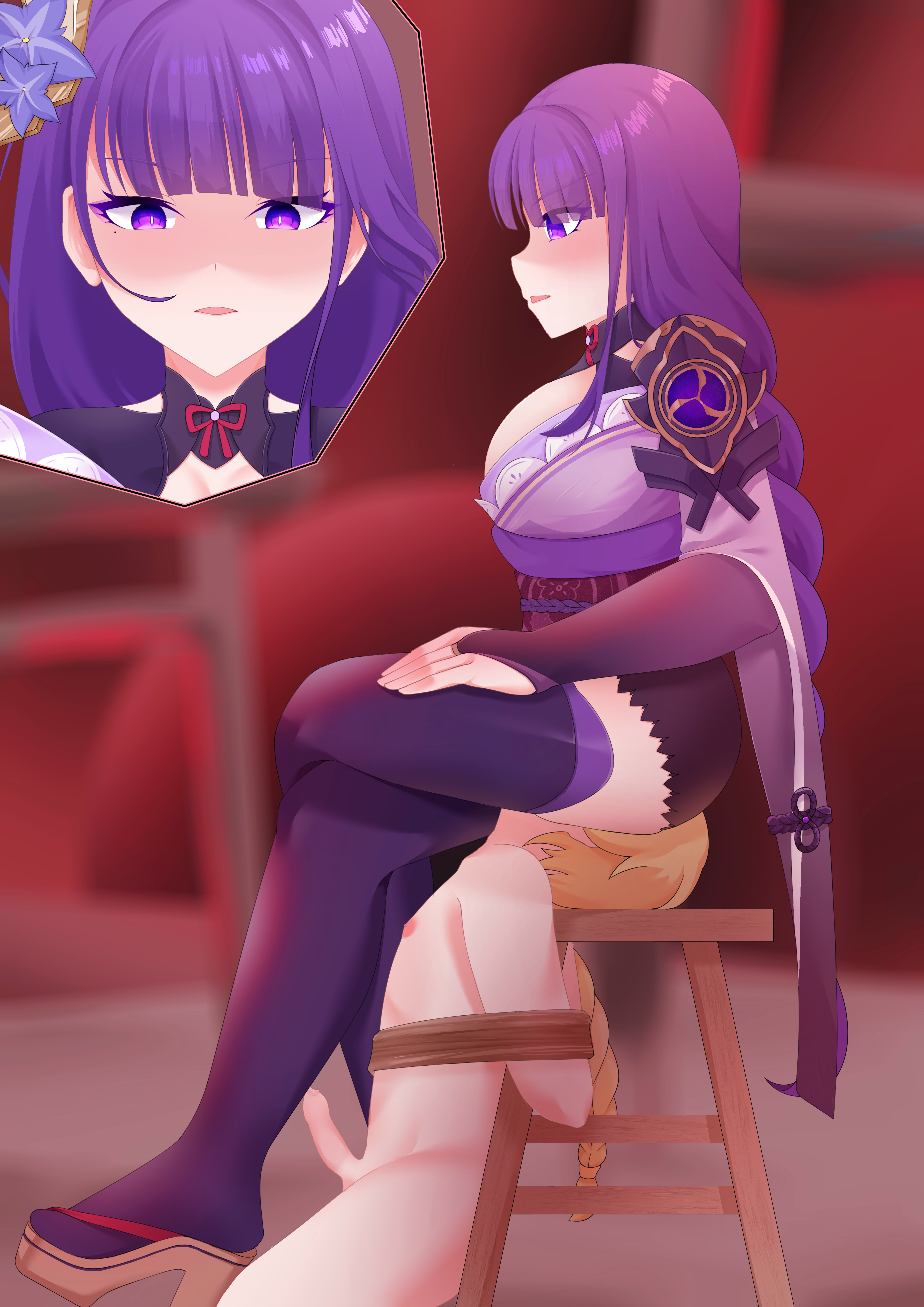 1boy, 1girls, aether (genshin impact), age difference, blonde hair, bondage, dominant female, domination, drawing, facesitting, female, femdom, genshin impact, long hair, male, mihoyo, penis, purple eyes, purple hair, raiden shogun, taller female, tied up