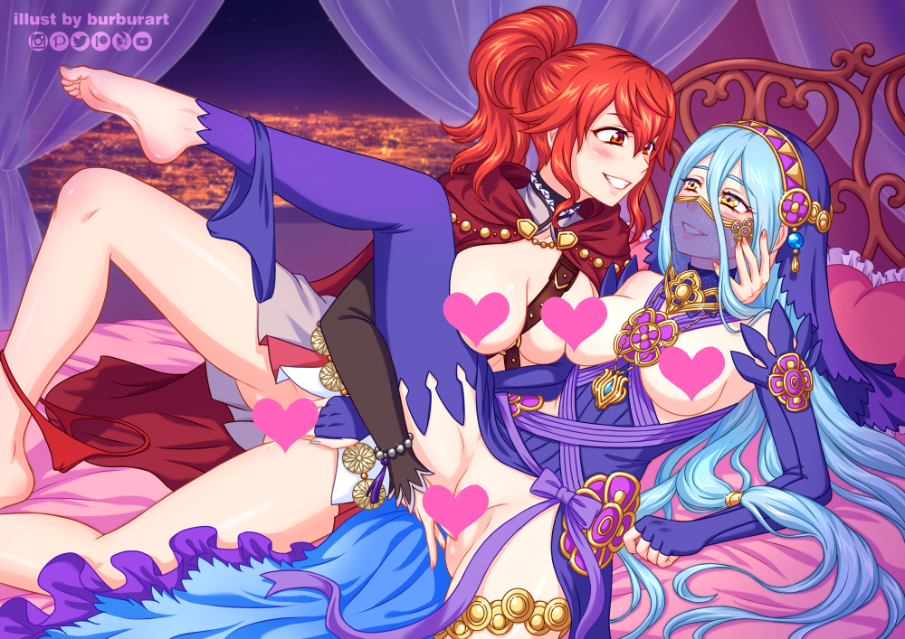 2girls anna_(fire_emblem) anna_(fire_emblem_fates) azura_(fire_emblem) azura_(performing_arts)_(fire_emblem) bad_censor bare_legs bare_thighs barefoot bed bedroom blue_hair blue_panties breasts breasts_out burbur censored covering elbow_gloves female female_only fingering fingering_partner fingerless_gloves fire_emblem fire_emblem_fates fire_emblem_heroes gloves grin hair_between_eyes legs light_blue_hair long_hair looking_at_another medium_breasts medium_hair mouth_veil multiple_girls mutual_masturbation mysterious_dancer nail_polish night nintendo on_bed panties panties_around_leg ponytail red_eyes red_hair red_nails red_panties see-through sex smile thighhighs thighs underwear vaginal veil very_long_hair window yellow_eyes yuri