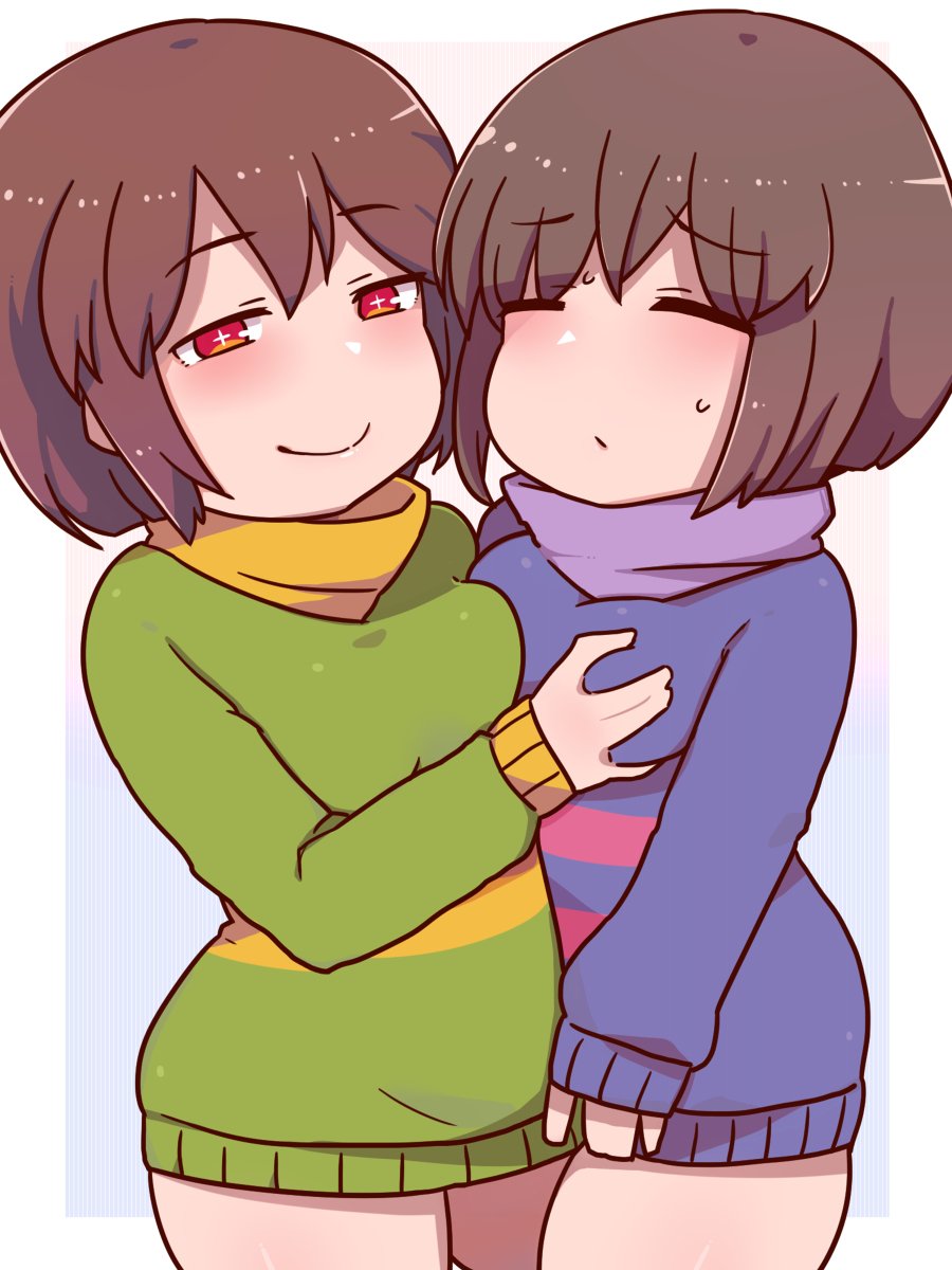 blue_shirt brown_hair chara closed_eyes frisk goodbad963 green_shirt red_eyes short_hair undertale undertale_(series) white_skin yuri