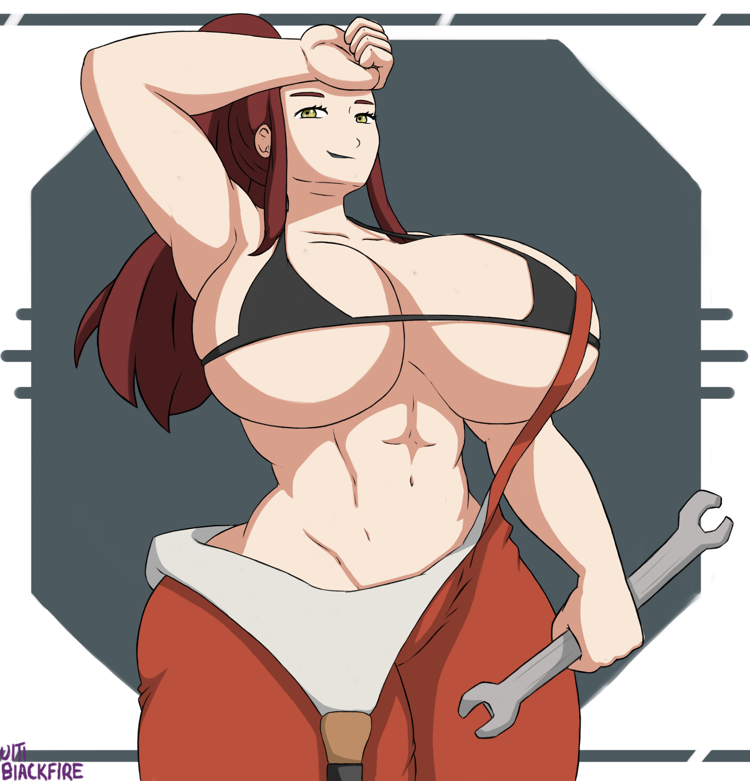 1girls, 2021, 2d, abs, abstract background, absurd res, artist name, big breasts, blizzard entertainment, bra, breast squish, breasts, brigitte, brigitte lindholm, busty, curvaceous, curvy, curvy body, curvy female, curvy figure, digital media (artwork), eyelashes, female, female focus, female only, fingers, fit, fit female, green eyes, hi res, huge breasts, large breasts, light skin, light-skinned female, long hair, looking at viewer, overalls, overwatch, ponytail, red hair, signature, simple background, skimpy, smile, solo, standing, thick thighs, ultiblackfire, underwear, voluptuous, wide hips, wrench