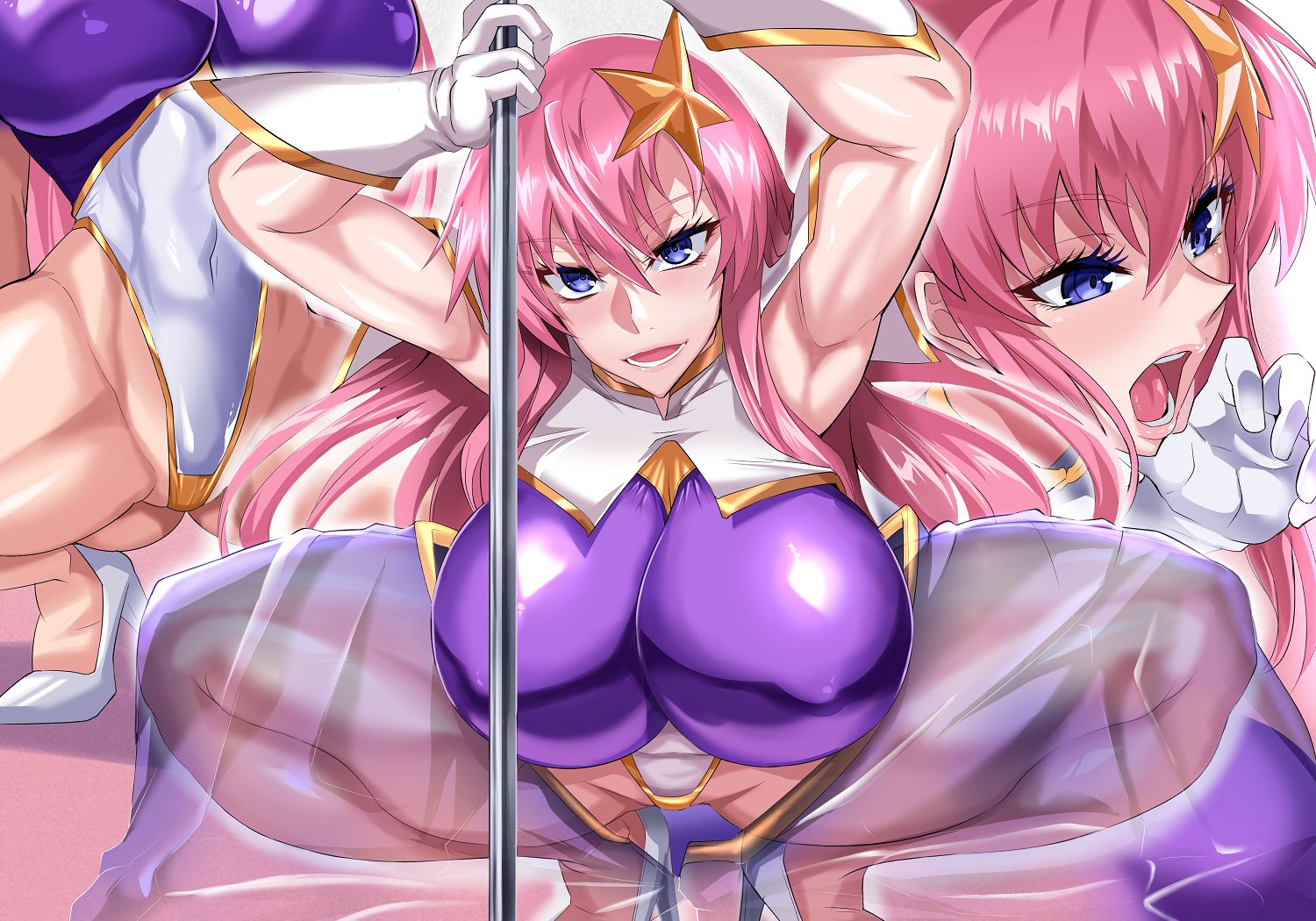 1girls, alternate ass size, alternate breast size, armpits, arms up, ass, bangs, big ass, big breasts, blowjob gesture, blue eyes, blush, breasts, clothing, curvy, eyebrows visible through hair, eyelashes, female, female focus, female only, gloves, gundam, gundam seed, gundam seed destiny, hair between eyes, hair ornament, high heels, highleg leotard, hips, holding, huge breasts, human, jet puri, large ass, large breasts, leotard, lips, long hair, looking at viewer, meer campbell, navel, nipple bulge, nipples, nipples visible through clothing, open mouth, pink hair, pole, pole dancing, revealing clothes, seductive, skimpy, skirt, sleeveless, solo, solo female, squatting, star hair ornament, teeth, thick thighs, thighs, tongue, transparent clothing, voluptuous, wide hips