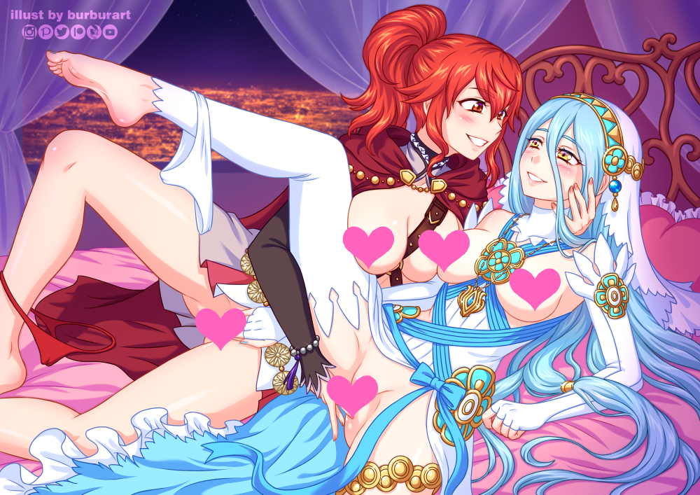 2girls anna_(fire_emblem) anna_(fire_emblem_fates) azura_(fire_emblem) bad_censor bare_legs barefoot bed bedroom blue_hair breasts breasts_out burbur censored covering elbow_gloves female female_only fingering fingering_partner fingerless_gloves fire_emblem fire_emblem_fates gloves grin hair_between_eyes legs light_blue_hair long_hair looking_at_another medium_breasts medium_hair multiple_girls mutual_masturbation nail_polish night nintendo on_bed panties panties_around_leg ponytail red_eyes red_hair red_nails red_panties sex smile thighhighs underwear vaginal very_long_hair white_panties window yellow_eyes yuri