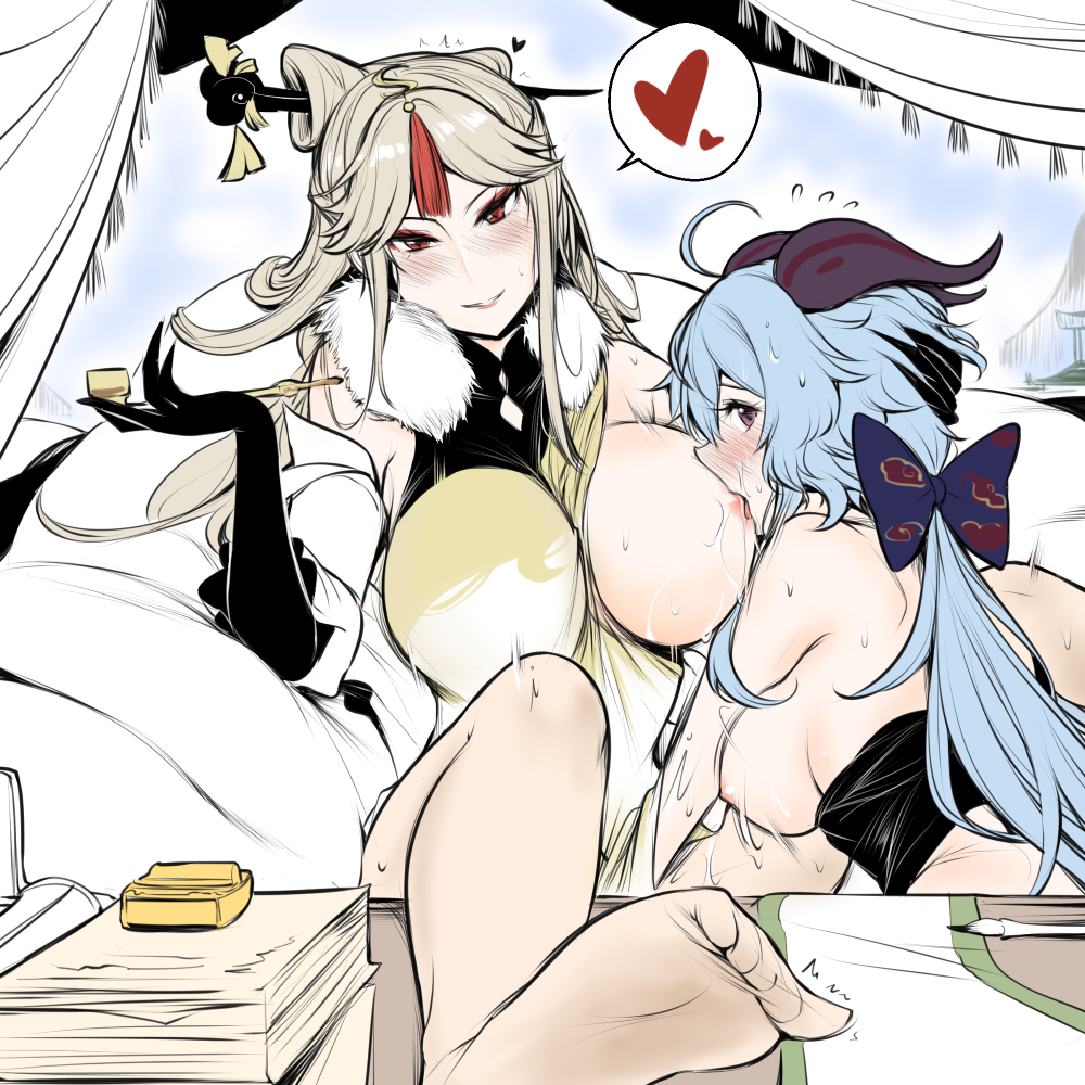 2girls blue_hair blush breast_sucking breasts closed_mouth ganyu_(genshin_impact) genshin_impact goat_horns heart horns large_breasts long_hair looking_at_viewer multiple_girls ningguang_(genshin_impact) nipples red_eyes soles spoken_heart toes yuri yuriwhale