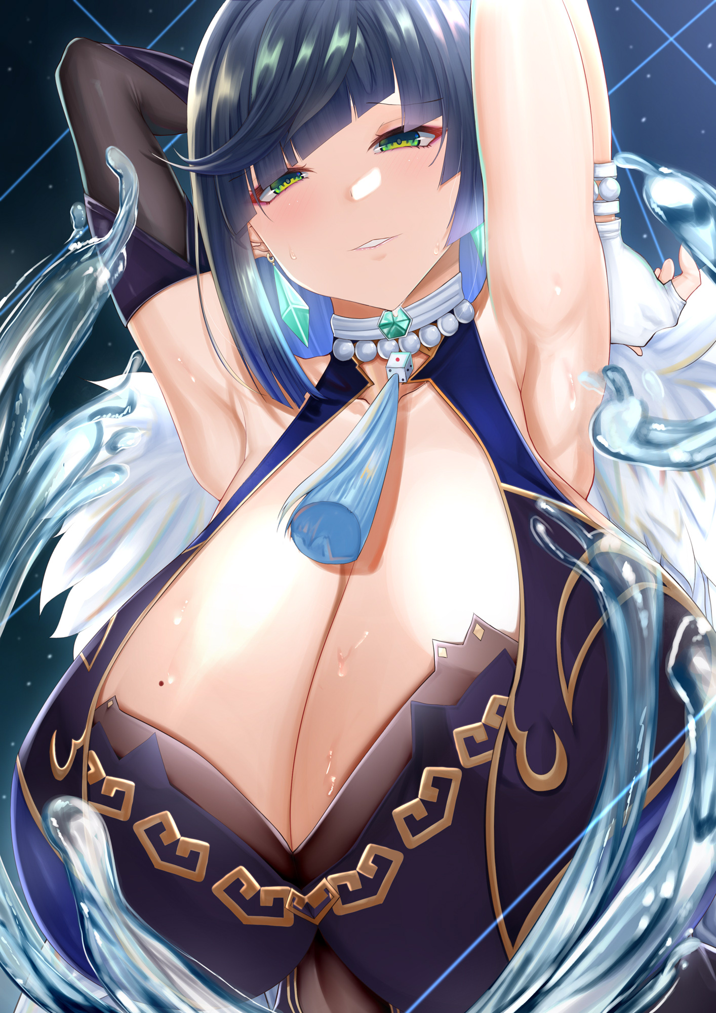 1girls, 2022, armpits, arms behind head, arms up, black hair, breast focus, breasts, bust portrait, chomikuplus, cleavage, female, female only, genshin impact, green eyes, hi res, huge breasts, looking at viewer, massive breasts, naughty face, short hair, smile, suggestive look, yelan (genshin impact)