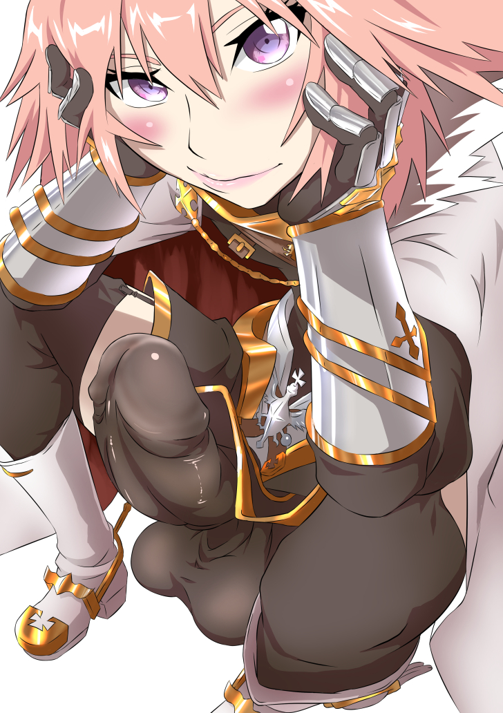 1boy, astolfo (fate), balls, balls under clothes, big balls, big penis, clothing, erect penis, erection, fate (series), fate/grand order, femboy, hung trap, light skin, light-skinned male, looking at viewer, male, male only, ookuni-hakumai, penis, penis under clothes, solo, solo male, testicles, trap