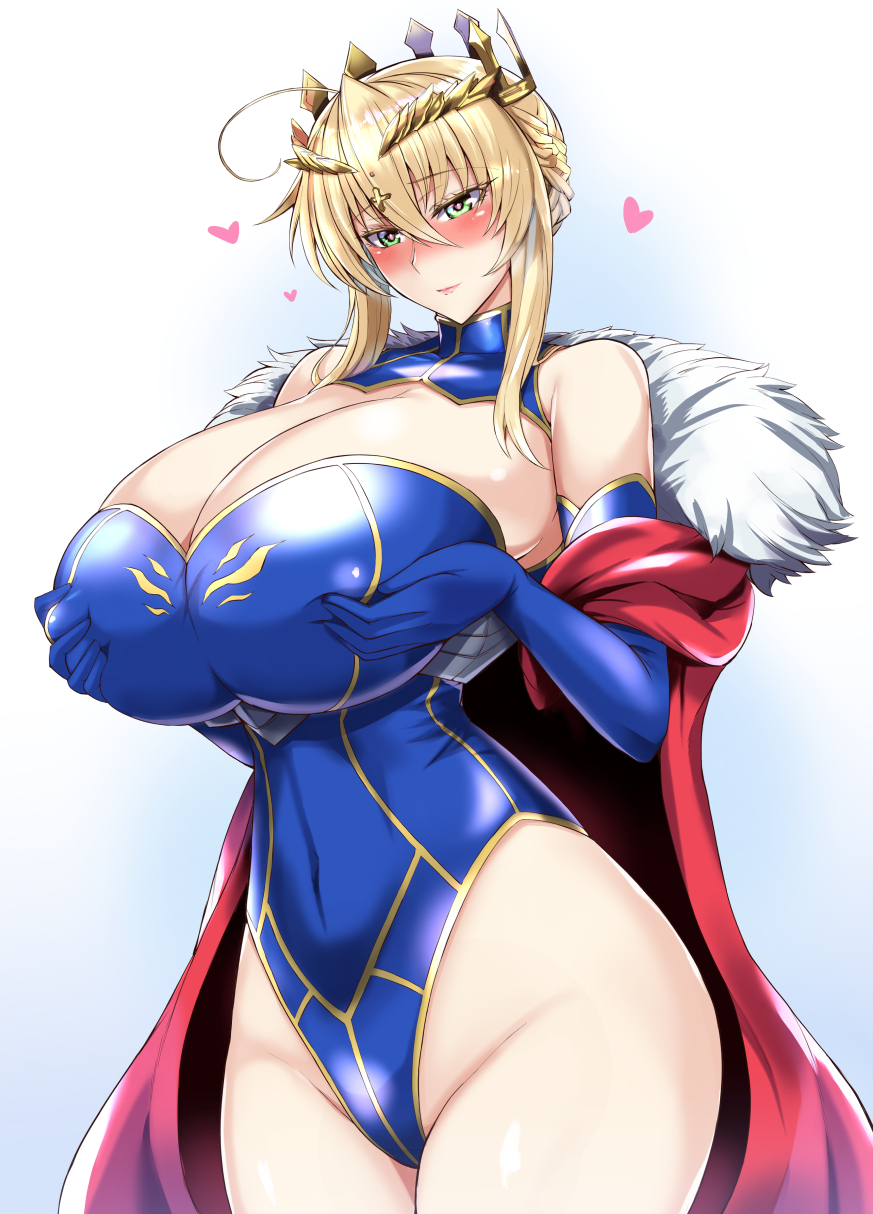 ahoge artoria_pendragon artoria_pendragon_(fate) artoria_pendragon_(lancer) artoria_pendragon_(lancer)_(fate) bangs bare_shoulders big_ass big_breasts blush braid braided_bun breast_grab breast_lift breast_squeeze breast_squish breasts cape cleavage cleavage_cutout closed_mouth clothing_cutout collarbone colored_eyelashes commentary_request covered_navel covered_nipples crown eyebrows_visible_through_hair fat_ass fate/grand_order fate_(series) female fondling fondling_breast french_braid fur-trimmed_cape fur_trim gauntlets grabbing grabbing_own_breast gradient gradient_background green_eyes hair_between_eyes hands_on_own_chest heart heart-shaped_pupils highres hourglass_figure huge_ass huge_breasts impossible_clothes kumakichi_(cost-lost) large_ass large_breasts lipstick long_hair looking_at_viewer looking_down makeup midriff navel nipple_bulge nipple_play nipples red_cape seducing seductive seductive_eyes seductive_gaze seductive_look seductive_mouth seductive_pose sidelocks smile smiling smiling_at_viewer solo stomach swept_bangs symbol-shaped_pupils thick_ass thick_thighs thighs voluptuous wide_hips