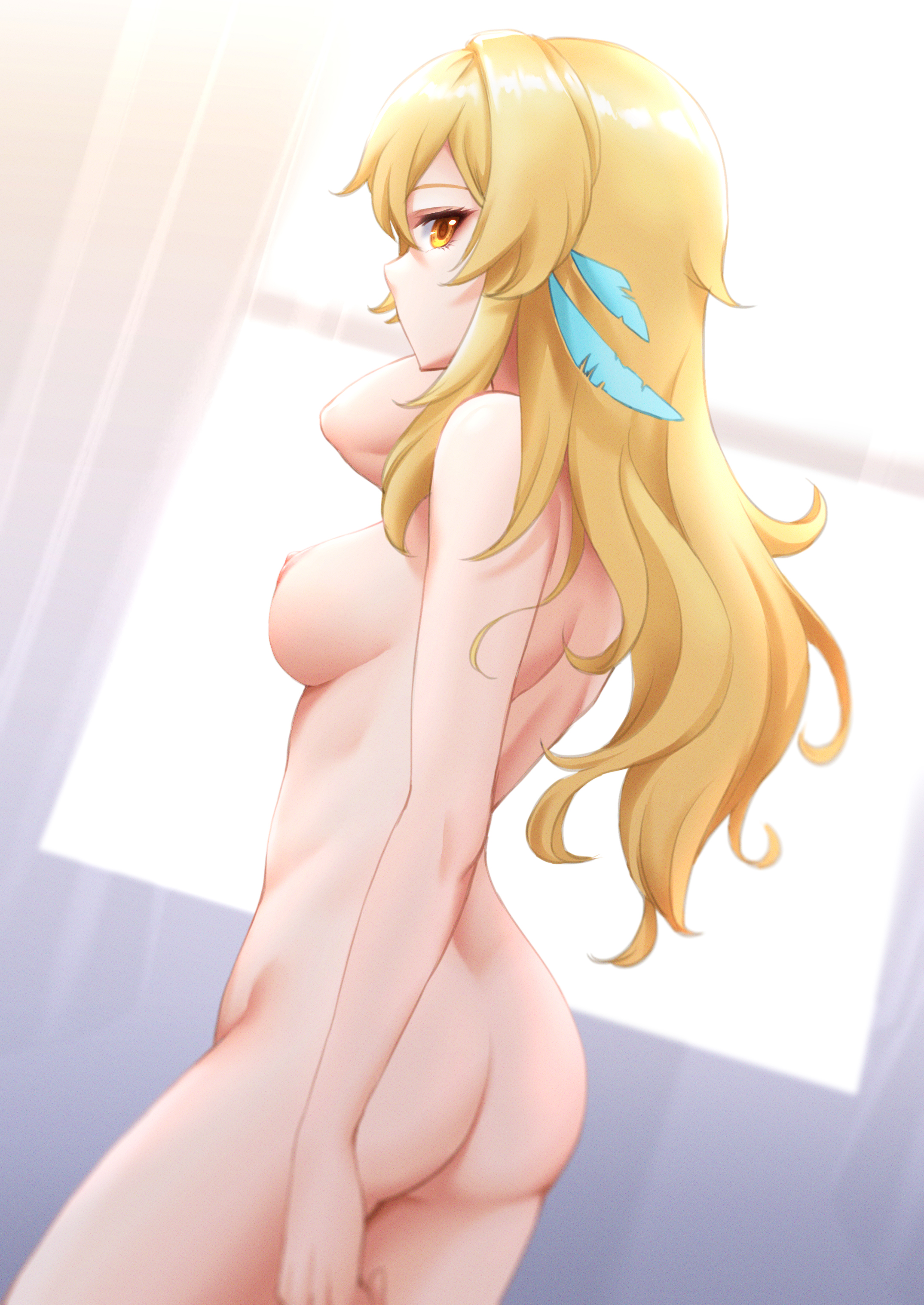 ass, blonde hair, blue feathers, blurry, breasts, female, genshin impact, lumine (genshin impact), medium breasts, naked, nipples, royboy