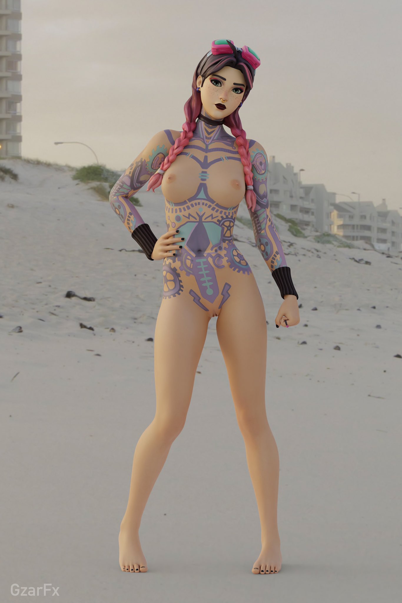 1girls 3d barefoot beach beach_jules black_nails blender breasts feet female female_focus female_only fingernails fortnite freckles goggles goggles_on_head gzarfx jules_(fortnite) light-skinned_female light_skin looking_at_viewer nail_polish nipples nose_piercing nude nude_female pink_hair pussy small_breasts solo tattoo tattoos toenail_polish toenails toes vagina watermark