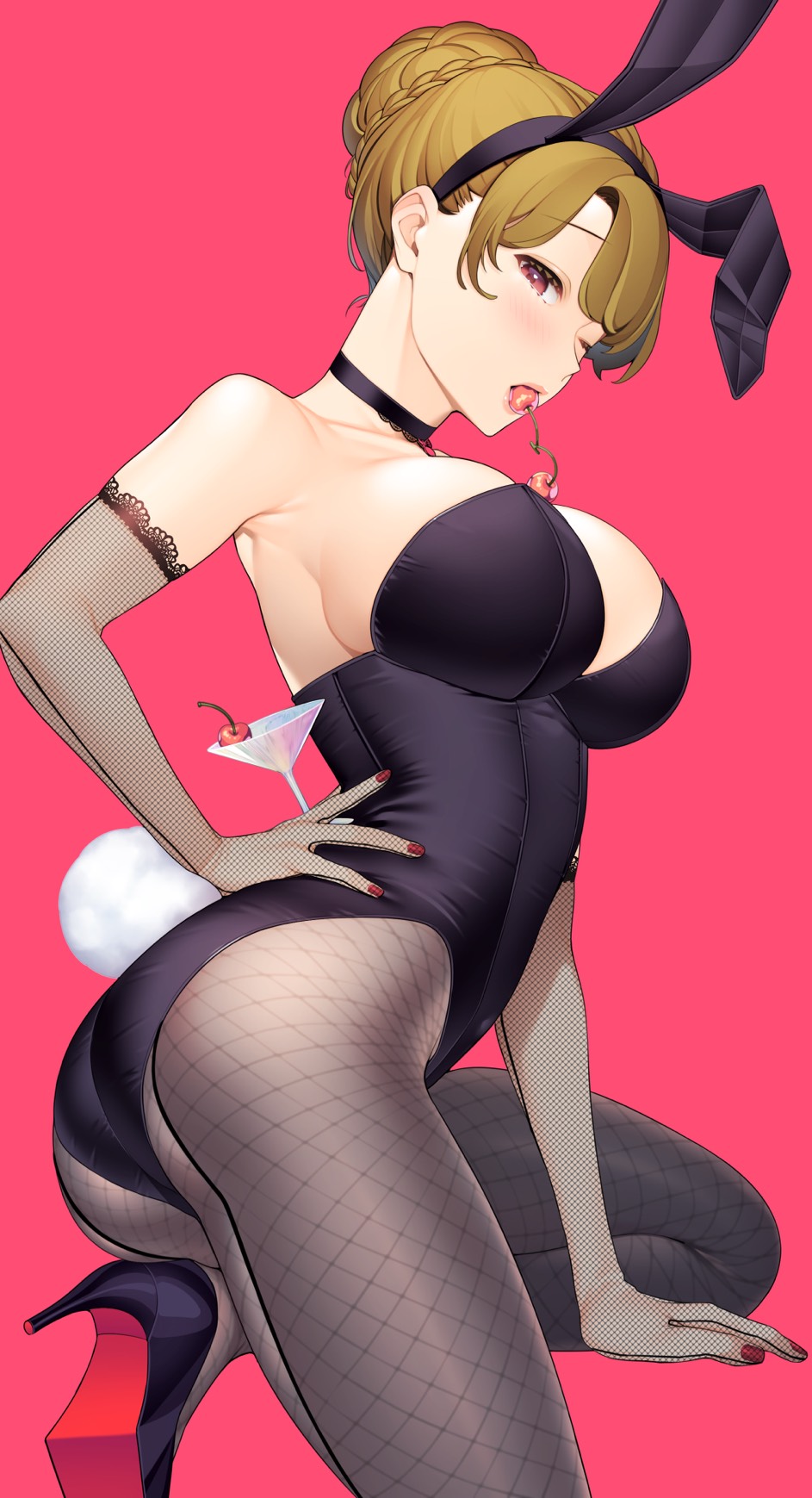 1girls animal_ears armpits black_footwear braid braided_bun breasts brown_hair bunny_ears bunny_tail bunnysuit cherry choker cocktail_glass cup drinking_glass elbow_gloves fake_animal_ears fishnet_gloves fishnet_legwear fishnets food food_in_mouth fruit giuniu gloves hair_bun hand_on_hip high_heels highres katsuragi_ayako lace lace_trim large_breasts leotard light_brown_hair mature mature_female milf mouth_hold musume_janakute_mama_ga_suki_nano!? nail_polish official_art one_eye_closed one_knee open_mouth pantyhose playboy_bunny purple_eyes rabbit_ears rabbit_tail red_background red_nails second-party_source shoes sideboob simple_background tail