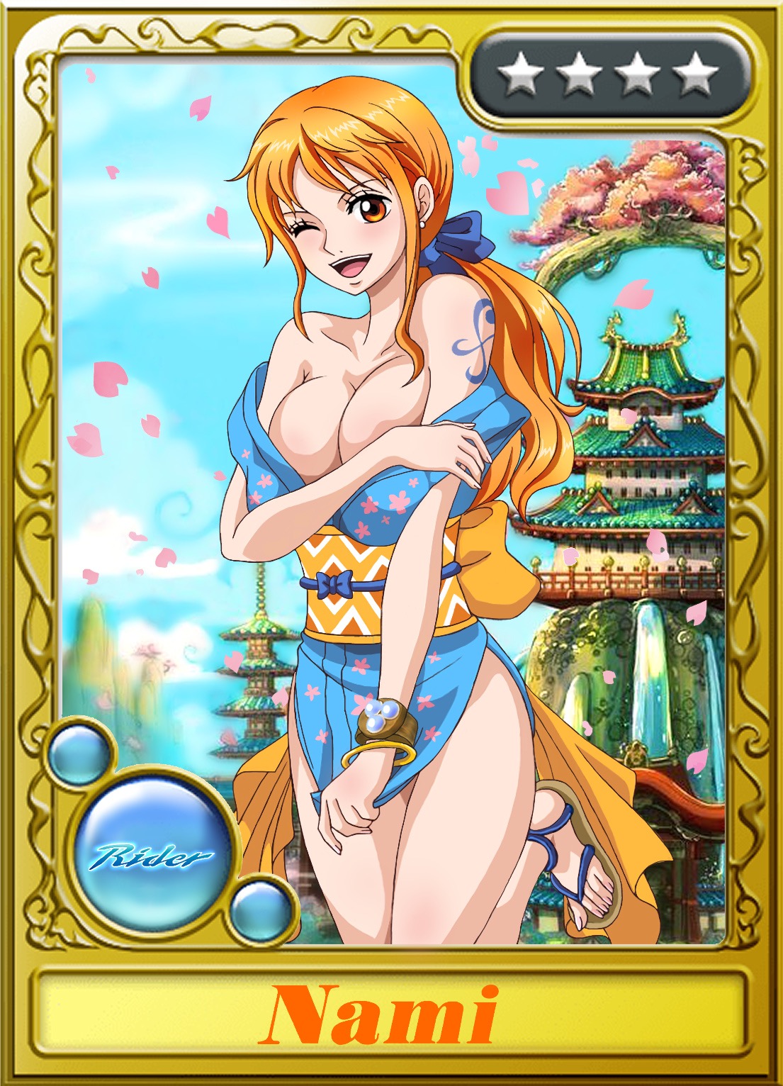 1girls, arm tattoo, blue tattoo, breasts, card, female, female only, huge breasts, kunoichi, nami (one piece), onami, one piece, orange hair, orange-haired female, raida (j5einmnjp3r49k6), tattoo, wano country