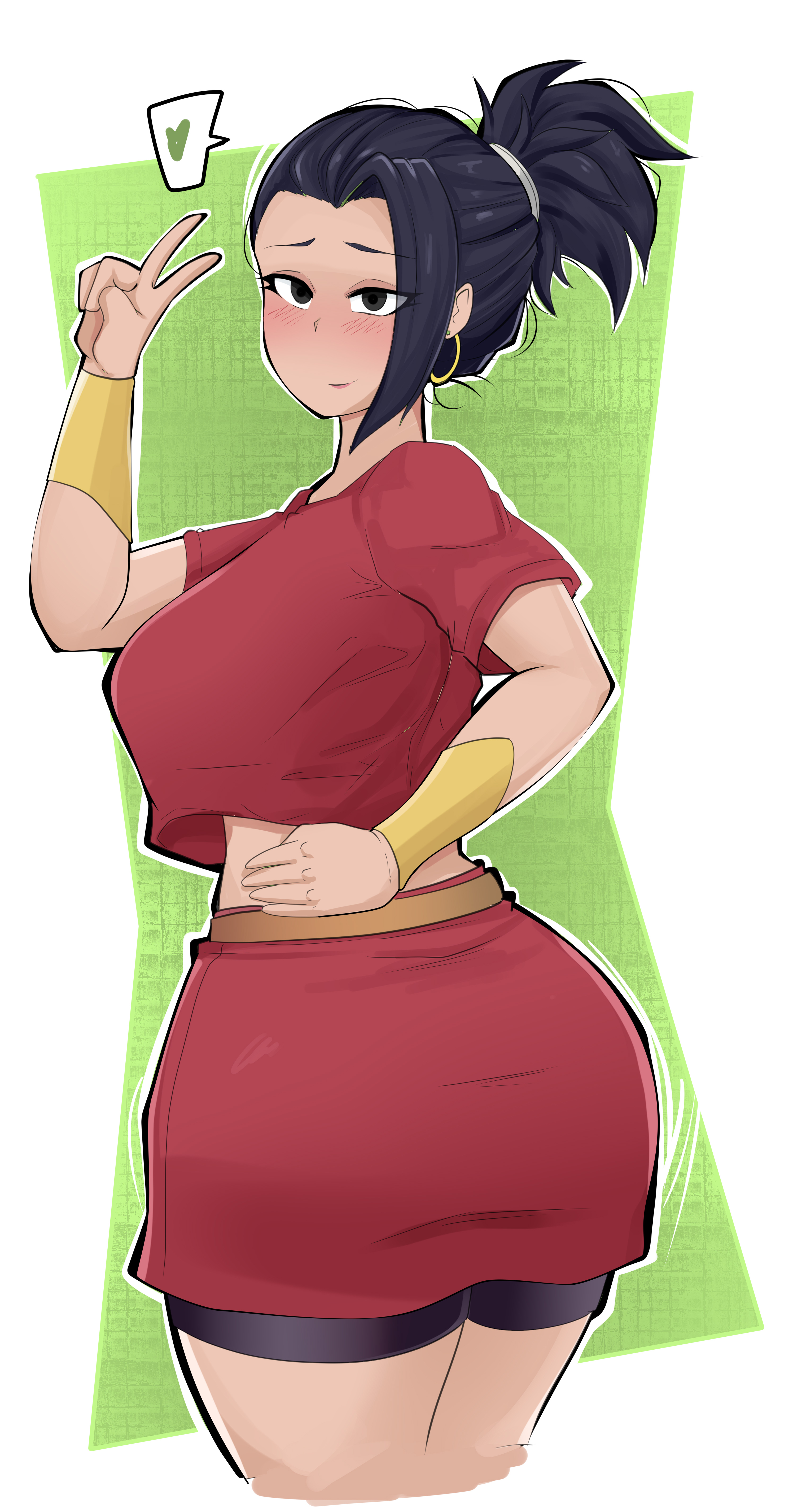 1girls, alternate version available, ass, big ass, big breasts, big butt, black eyes, black hair, black pants, breasts, clothed, clothing, comicomryu, dragon ball, dragon ball heroes, dragon ball super, earrings, female, female only, female saiyan, green background, hand on hip, hand on hips, happy, happy female, high resolution, kale, looking at viewer, looking back, questionable, red clothing, red shirt, red skirt, ryumxr, twitter, universe 6, universe 6/universe 7, very high resolution, white background, white skin