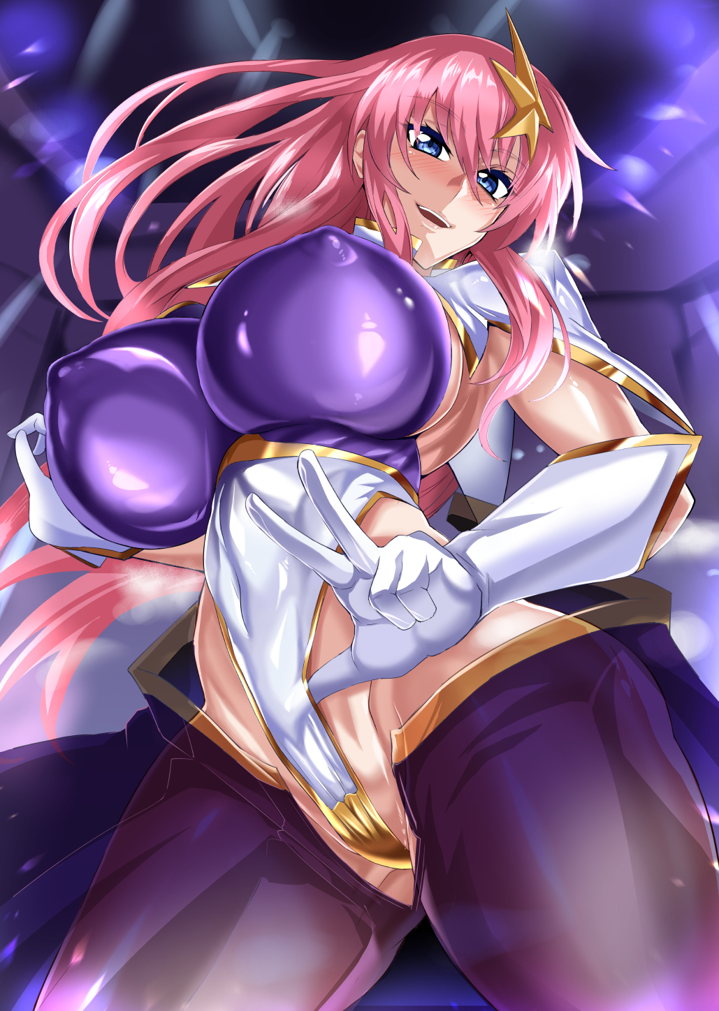 1girls alternate_ass_size alternate_breast_size ass bangs big_ass big_breasts blue_eyes blush breasts clothing curvy eyebrows_visible_through_hair eyelashes female female_focus female_only gloves gundam gundam_seed gundam_seed_destiny hair_between_eyes hair_ornament highleg_leotard highres hips huge_breasts human jet_puri large_ass large_breasts leotard lips long_hair looking_at_viewer looking_down meer_campbell navel nipple_bulge nipples nipples_visible_through_clothing open_mouth peace_sign pink_hair revealing_clothes shiny_skin sideboob skimpy skirt sleeveless smile solo solo_female star_hair_ornament teeth thick_thighs thighs transparent_clothing voluptuous wide_hips