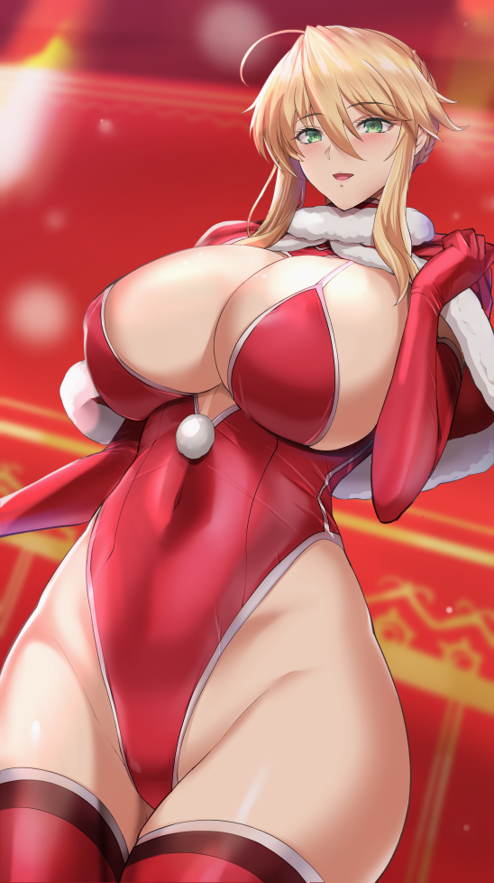 1girls ahoge artoria_pendragon artoria_pendragon_(fate) artoria_pendragon_(lancer) artoria_pendragon_(lancer)_(fate) artoria_pendragon_(swimsuit_ruler) bangs big_breasts blonde_hair blush braid breasts capelet christmas cleavage covered_navel elbow_gloves fate/grand_order fate_(series) female french_braid fur-trimmed_capelet fur_trim gloves green_eyes hair_between_eyes highleg highleg_leotard hourglass_figure huge_breasts kumakichi_(cost-lost) large_breasts legs legs_together leotard long_hair looking_at_viewer midriff midriff_baring_shirt milf navel open_mouth red_capelet red_gloves red_legwear red_leotard revealing_clothes sideboob sidelocks smile solo stomach thick_thighs thighhighs thighs visible_breath voluptuous wide_hips