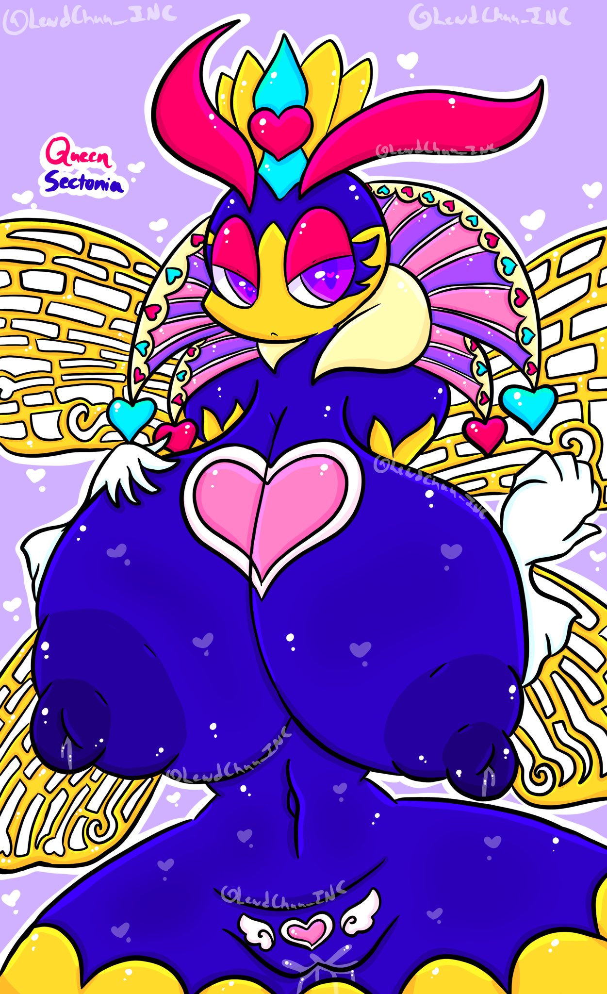 antennae_(anatomy) anthro areola arthropod bee big_breasts blue_nipples bodily_fluids breasts english_text female genital_fluids genitals half-closed_eyes hi_res huge_breasts hymenopteran hyper hyper_breasts insects kirby_(series) kirby_triple_deluxe lewdchuu_(artist) multicolored_body narrowed_eyes navel nintendo nipples non-mammal_breasts nude pussy pussy_juice queen_sectonia solo text two_tone_body video_games wings