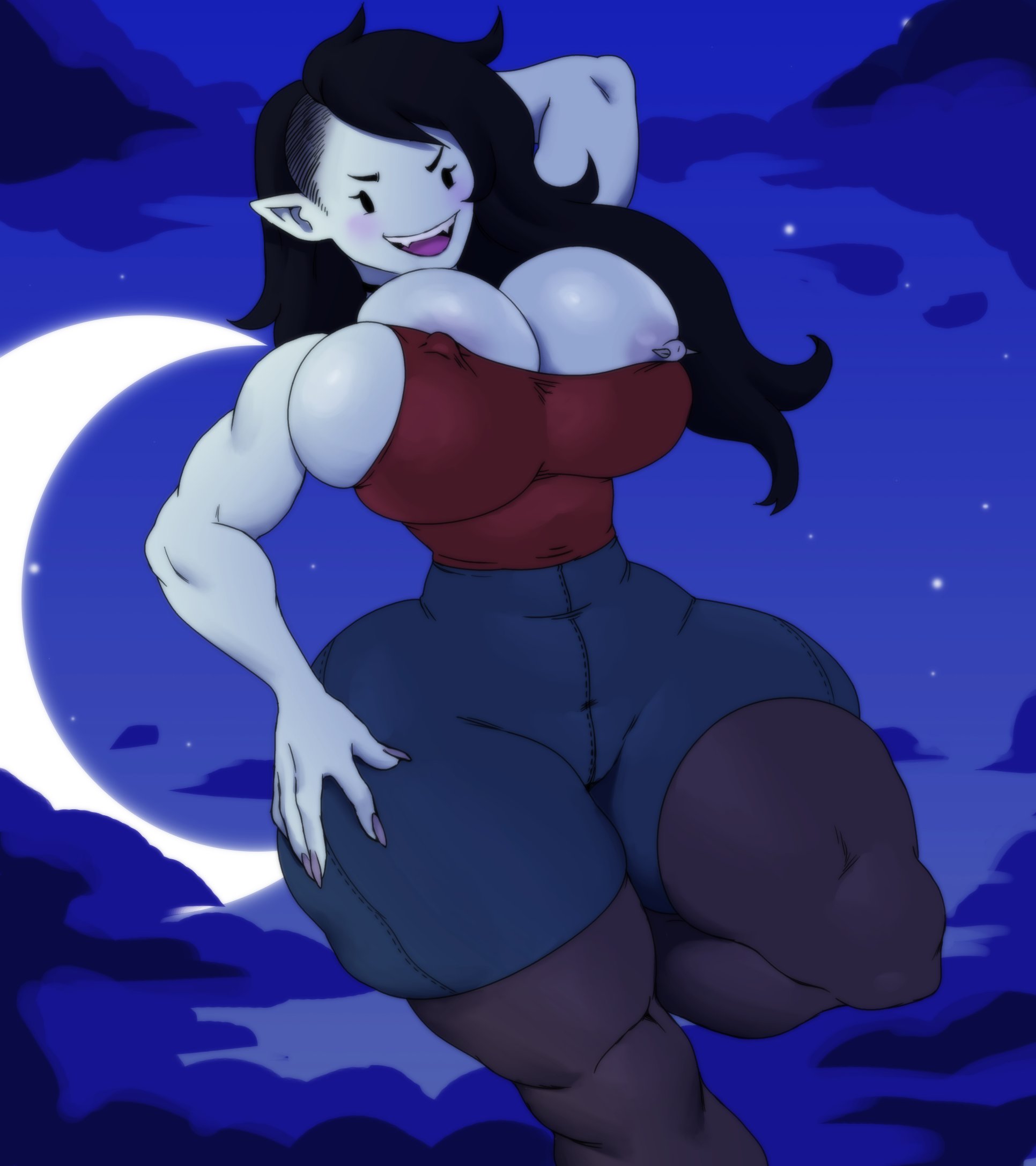 1girls, adventure time, areola, areola slip, areolae, ass, big breasts, black hair, blush, breasts, bursting breasts, cleavage, clothed, clothing, female, female only, huge ass, huge breasts, jay-marvel, large breasts, long hair, looking at viewer, marceline, moon, muscular, muscular female, night, nipple bulge, nipple piercing, nipple slip, nipples, open mouth, open smile, outdoors, outside, piercing, pointy ears, sharp teeth, simple background, smile, solo, solo female, thick thighs, thighhighs, tight clothing, voluptuous, wide hips