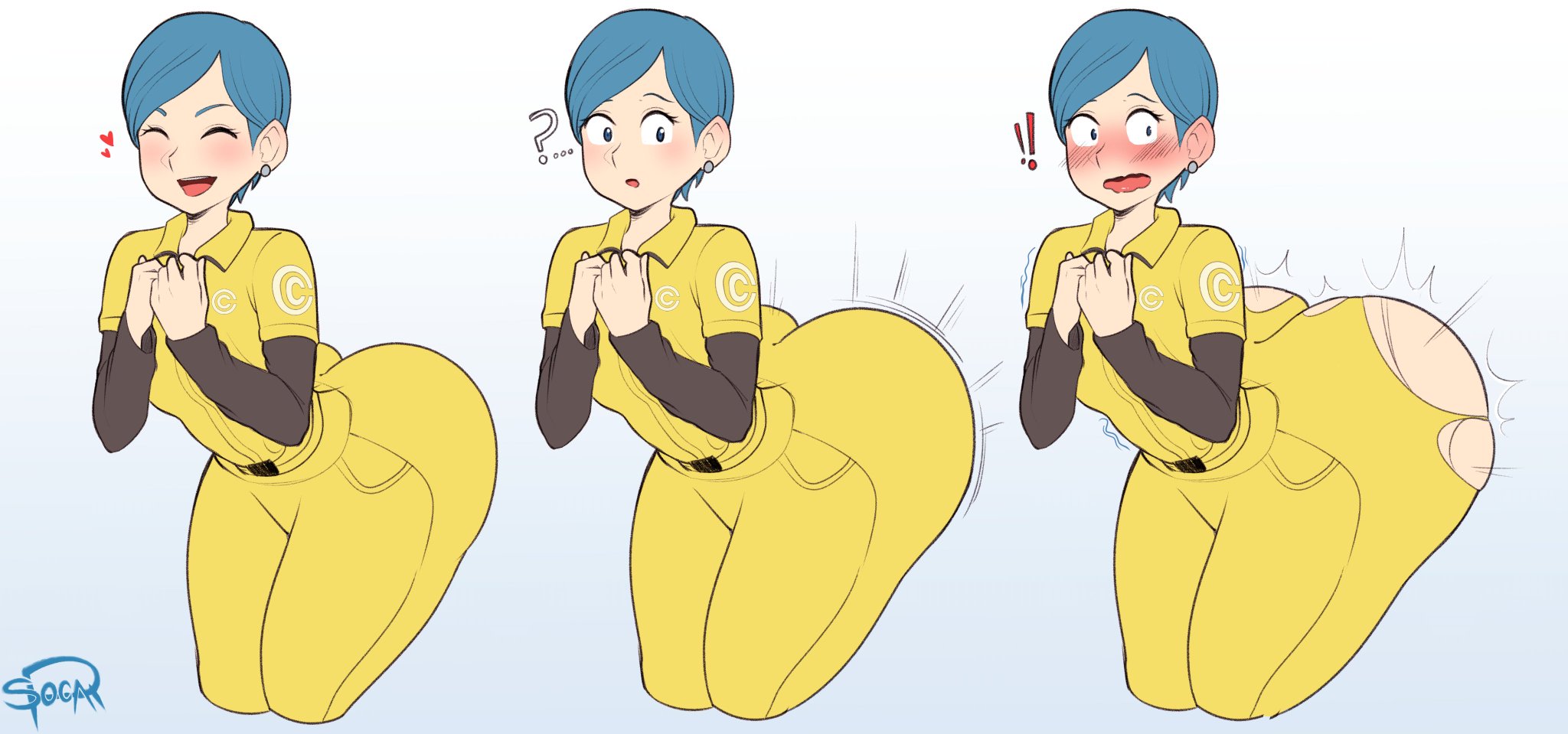1girls, about to burst, ass, ass expansion, ass too big, barely contained, barely contained ass, barely fits, big ass, blue eyes, blue hair, bubble ass, bubble butt, bulma briefs, bulma briefs (dragon ball super superhero), dragon ball, dragon ball super, dragon ball super super hero, female, female only, getting bigger, huge ass, human, human only, inconvenient ass, inconvenient butt, looking back at ass, looking back at self, lord socar, ripped clothing, shounen jump, solo, solo female, tight fit, too tight, undersized clothes, undersized clothing, wardrobe malfunction