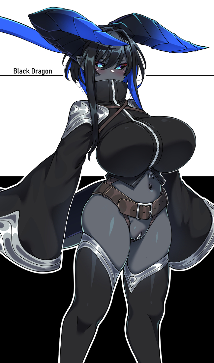 1girls, belt, black dragon (konoshige), black hair, black legwear, black sclera, black shirt, black skin, blue eyes, blue hair, breasts, dragon girl, dragon horns, dragon tail, fat mons, female, horns, huge breasts, konoshige (ryuun), long sleeves, looking at viewer, monster girl, multicolored hair, navel, original, pussy, ryuun (stiil), slit pupils, solo, tail, two-tone hair, uncensored, vagina