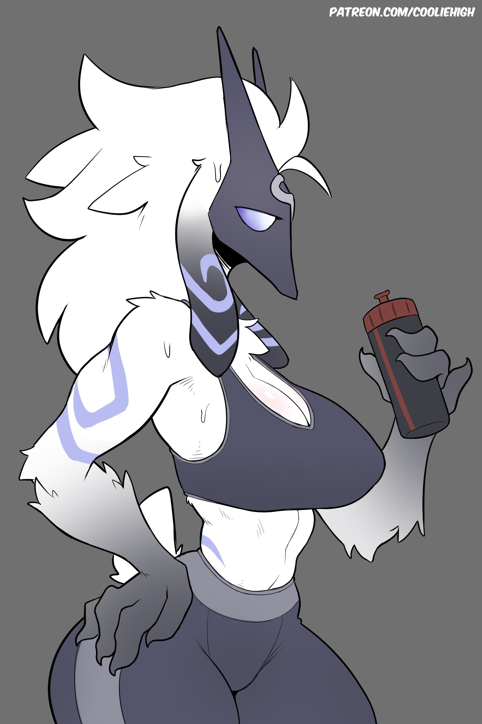 4 fingers, anthro, anthro only, artist name, big breasts, bored expression, breasts, clothed, clothing, cooliehigh, female, flask, fluffy, fur, furry, furry only, kindred, lamb (league of legends), league of legends, leggings, mask, simple background, solo, sports bra, tagme, tail, thick thighs, thighs, url, white hair, wide hips