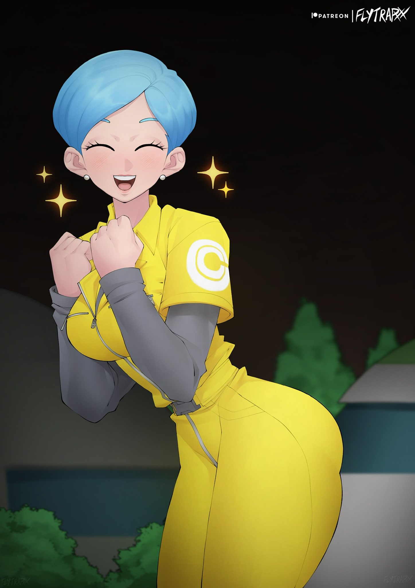 1girls ass big_ass blue_hair breasts bulma_briefs dragon_ball dragon_ball_super dragon_ball_super_super_hero flytrapxx mechanic overalls smiling yellow_overalls