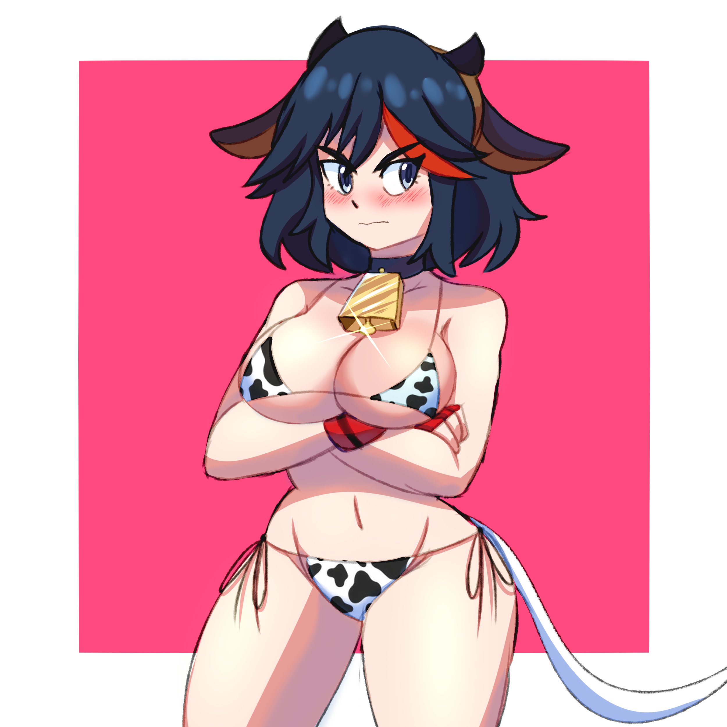 1girls, arms crossed, big breasts, bikini, black hair, blue eyes, blush, breasts, cleavage, cow horns, cow print, cow tail, cowbell, female, female only, kill la kill, lueduar, lueduartv, matoi ryuuko, navel, red hair, short hair, simple background, solo, solo female, thick thighs, two-tone hair, voluptuous, wide hips