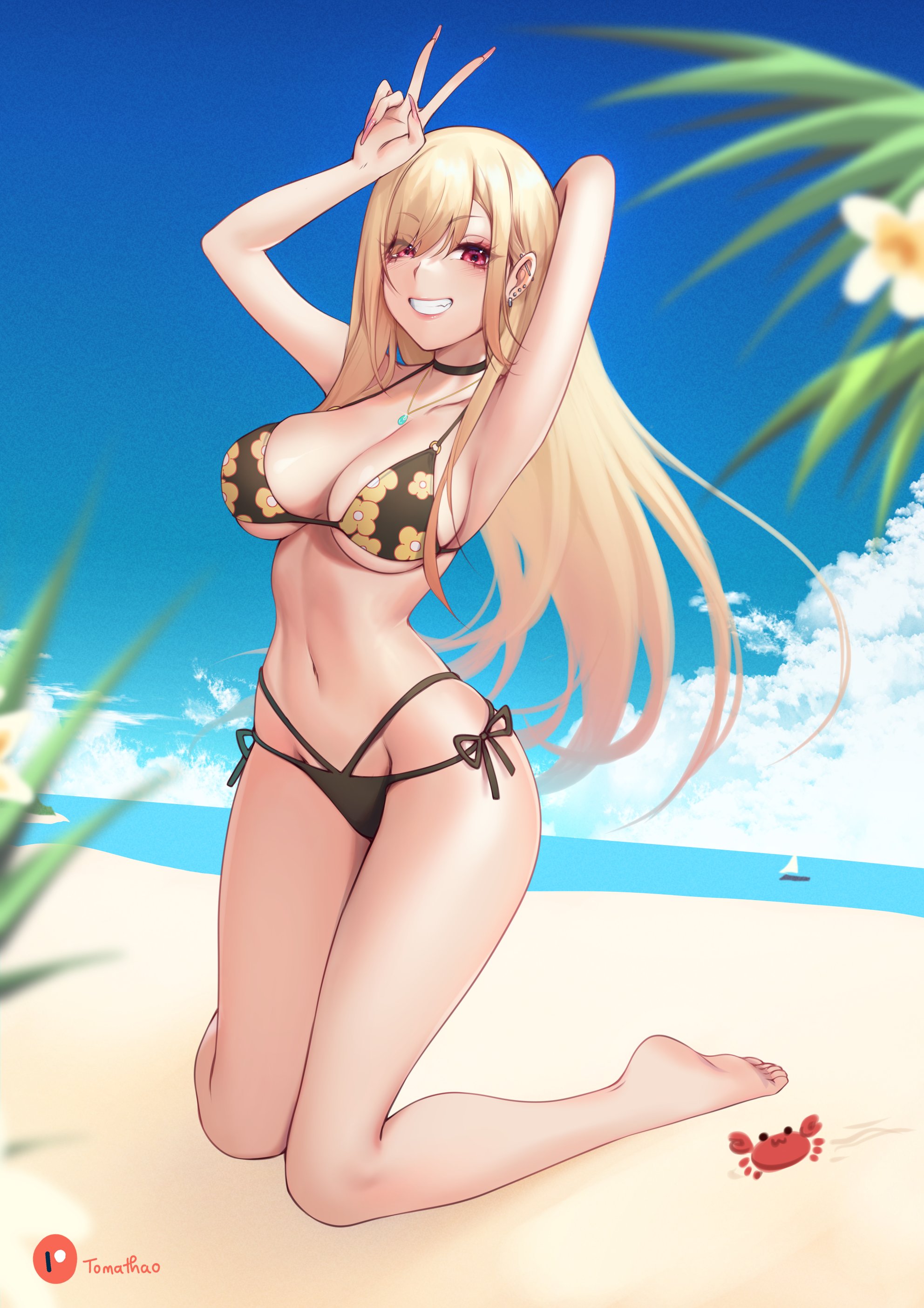 1girls, 2022, armpits, arms behind head, arms up, bare legs, barefoot, beach, bikini, black bikini, blonde hair, breasts, feet, female, female only, flower pattern, gyaru, hi res, hips, huge breasts, kitagawa marin, long hair, outdoors, peace sign, red eyes, slim waist, smile, sono bisque doll wa koi wo suru, thick thighs, thighs, tomathao, v, wide hips