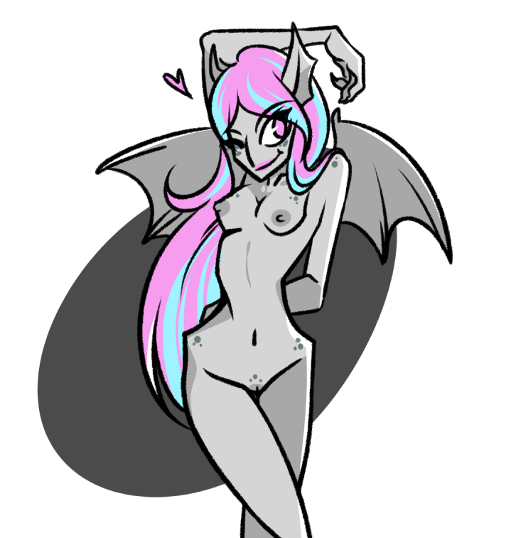 1girls claws french_female gargoyle gray_skin grey_skin heart highlights_(coloring) hip_dips lipstick monster_girl monster_high nude nude_female pink_eyes pink_hair pink_lipstick rochelle_goyle small_breasts smile smiling wings wink