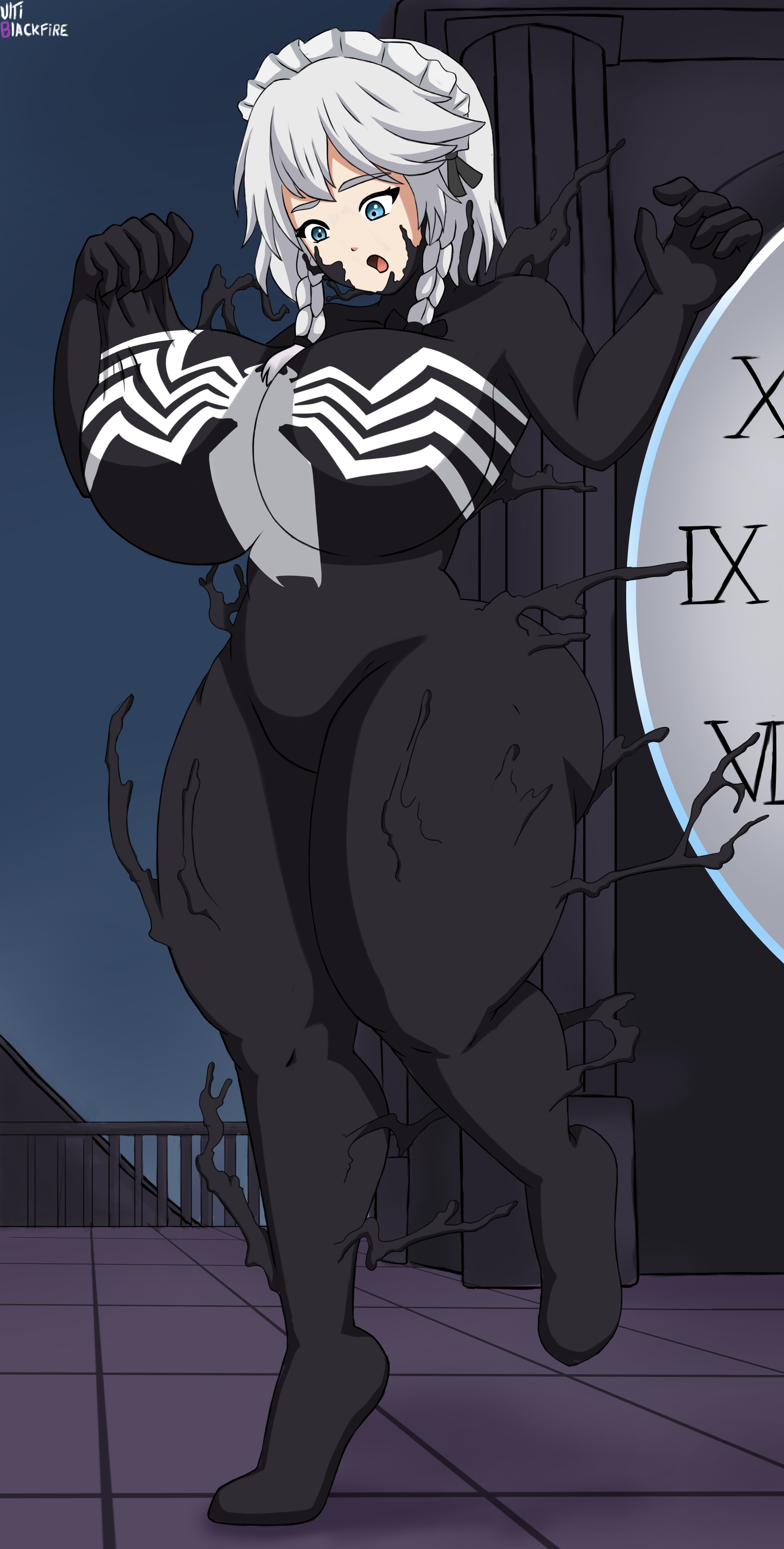 1girls, 2021, 4k, absurd res, alien, artist name, ass, big breasts, black body, black skin, blue eyes, breasts, bubble ass, bubble butt, busty, curvaceous, curvy, curvy body, curvy female, curvy figure, detailed background, digital media (artwork), eyelashes, female, female focus, female only, fingers, grey eyes, hi res, hourglass figure, large breasts, light skin, light-skinned female, marvel, marvel comics, outside, round ass, sakuya izayoi, she-venom, short hair, signature, solo, symbiote, thick ass, thick thighs, touhou, ultiblackfire, venom, venom (marvel), voluptuous, wide hips
