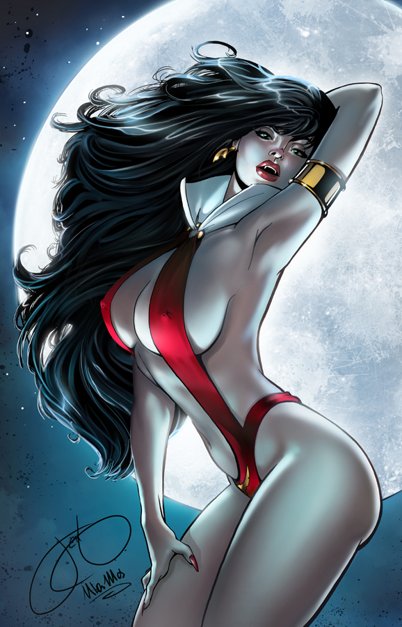 1girls artist_signature big_breasts black_hair cleavage dynamite_comics fangs jen_broomall lipstick long_hair looking_at_viewer moon nipple_bulge pale-skinned_female sideboob sling_bikini ula_mos vampire vampirella