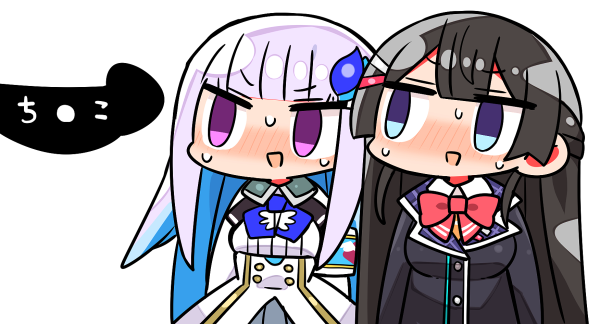 1boy 2girls :d black_hair blank_censor blue_eyes blue_hair blush censored eyebrows_visible_through_hair japanese_text kanikama lize_helesta multicolored_hair multiple_girls nijisanji penis purple_eyes school_uniform smile sweat text translated tsukino_mito virtual_youtuber