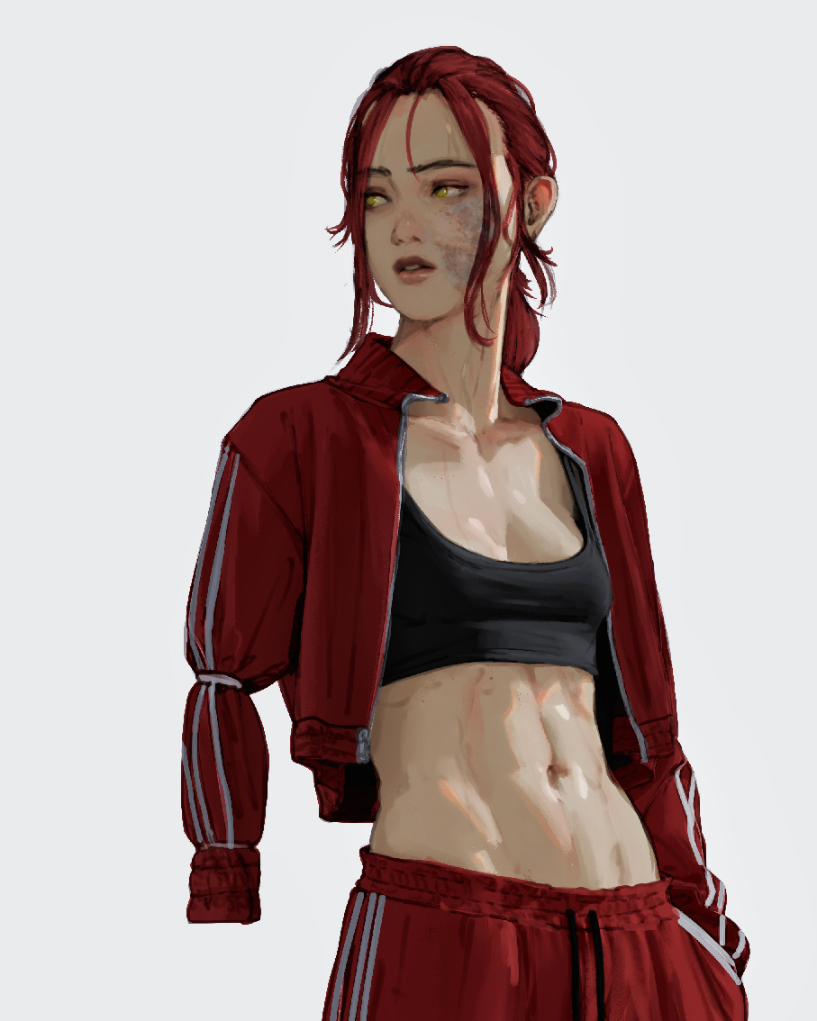 1girls abs amputee atamagaltai athletic athletic_female cleavage elden_ring female female_only fromsoftware light-skinned_female medium_breasts millicent_(elden_ring) modern_au muscular_female ponytail red_hair solo streetwear tracksuit