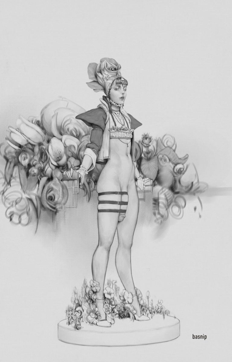 androgynous, basnip, coat, crossdressing, femboy, flower, flower in hair, high heels, large penis, leg strap, male, midriff baring shirt, necklace, penis