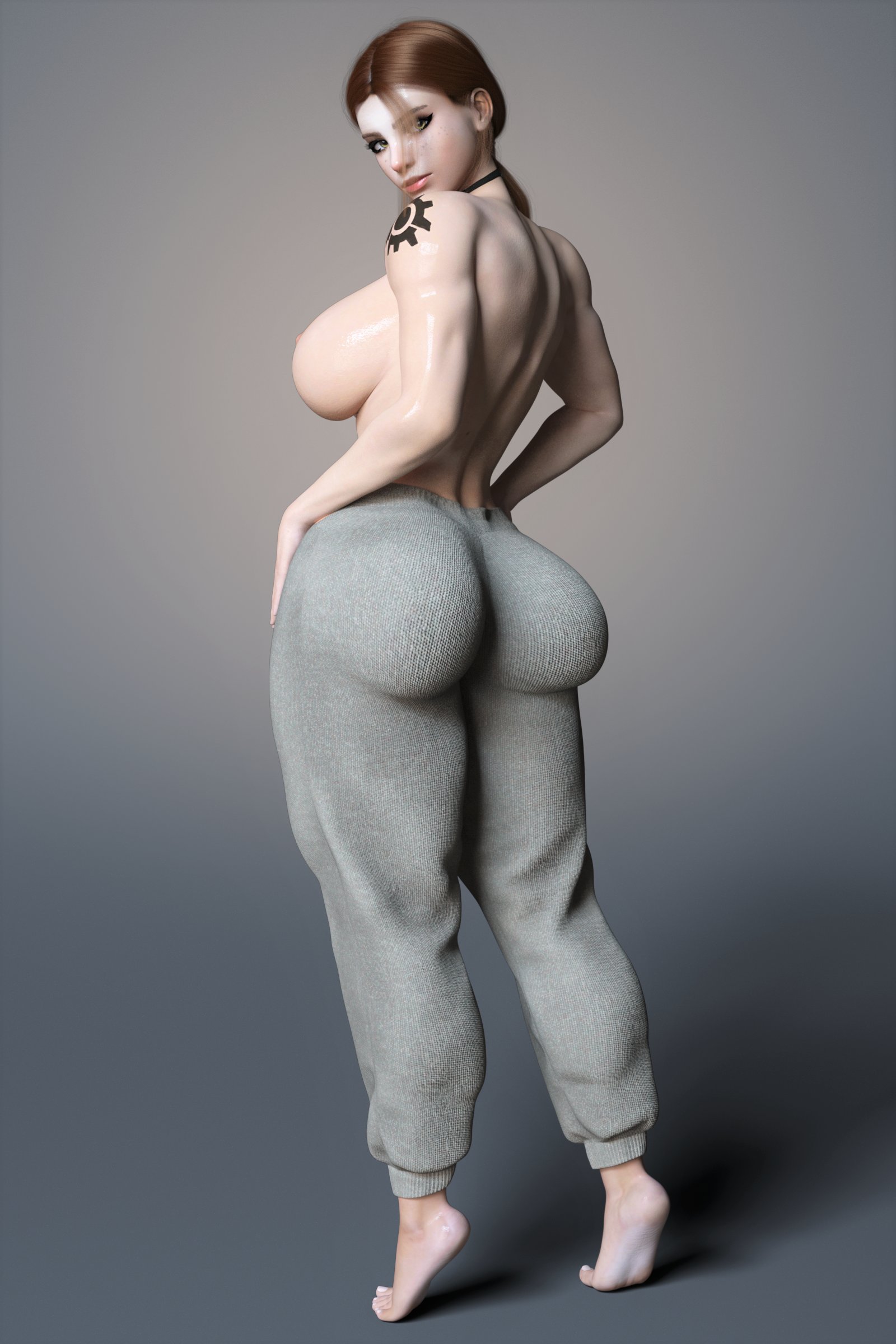 1girls, 3d, ass, audrix, back view, barefoot, big ass, big breasts, blizzard entertainment, breasts, brigitte, female, fit, fit female, looking over shoulder, muscular, muscular female, overwatch, sideboob, sweatpants, thick thighs, topless, topless female