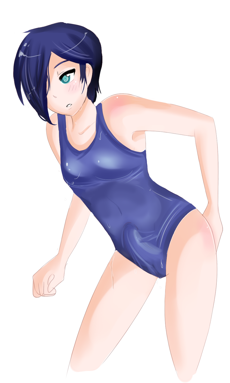 1futa blue_eyes blue_hair blush breasts bulge futanari hand_on_ass penis plum_tea rei_yukimura_(plum_tea) saintxtail small_breasts sprite sprite_art sukumizu swimsuit transparent_background