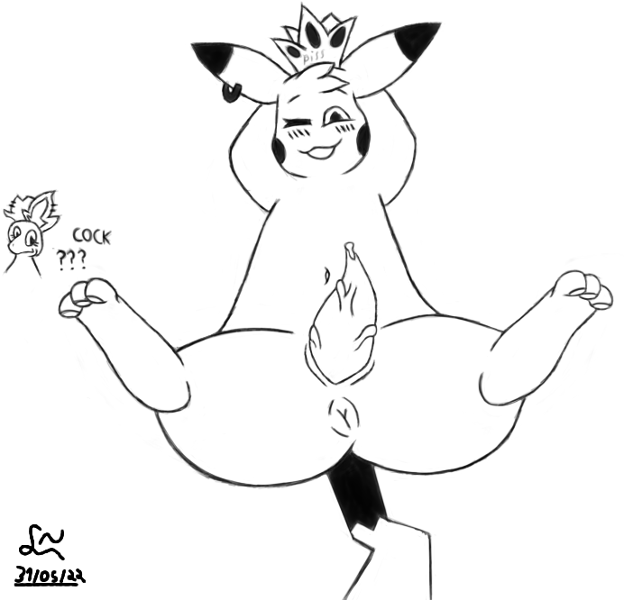 anus big_penis blush blush_lines bodily_fluids crown dated ear_piercing ear_ring eyelashes feral genital_fluids genitals hair happy hindpaw jewelry leaking_precum lilya_nida lilya_nida_(artist) lying male monochrome navel nidorina nintendo on_back one_eye_closed pawpads paws penis piercing pikachu pokémon_(species) pokemon precum precum_on_penis prehensile_penis puffy_anus question_mark reymond_nighthawk_(rayymond) signature simple_background smile smug solo solo_focus vein veiny_penis video_games white_background