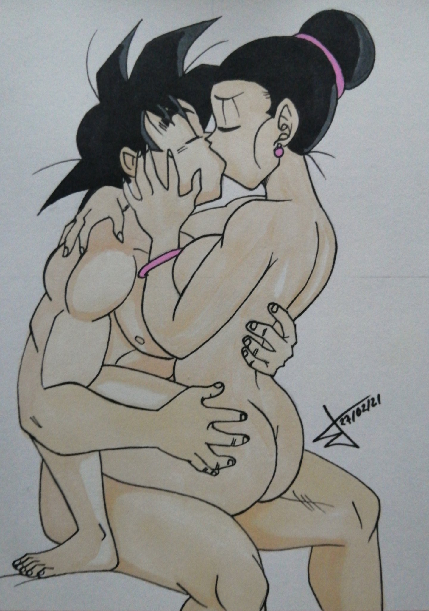 2021, chichi, couple, dragon ball, dragon ball super, dragon ball z, female, husband and wife, kissing, light skin, light-skinned female, male, muscular, muscular male, nude, nude female, nude male, saiyan, son gokhan6, son goku