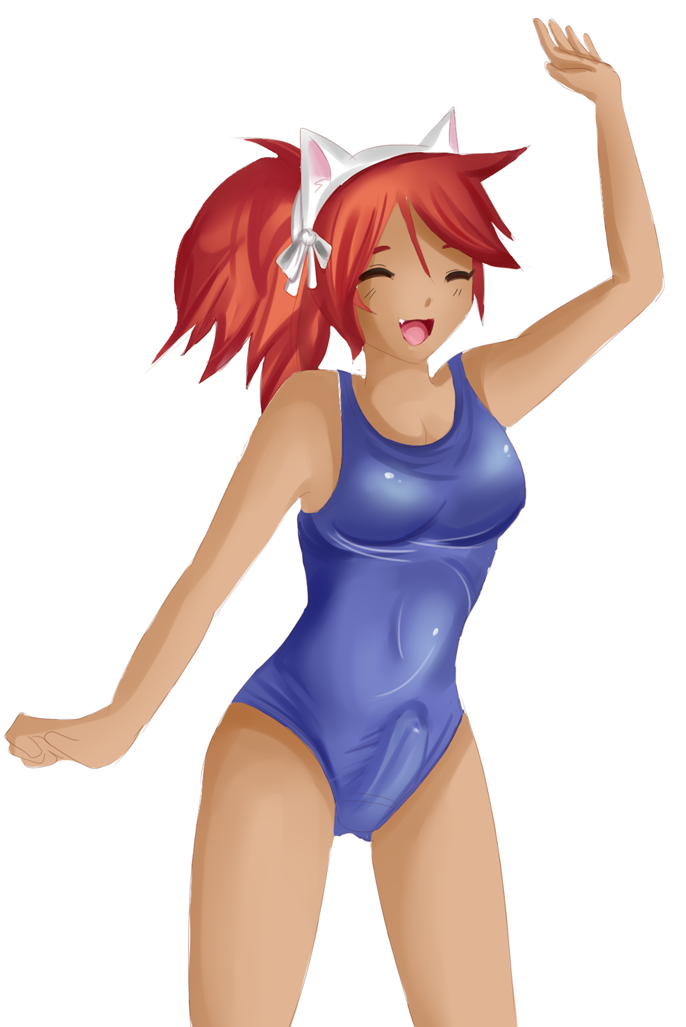 1futa amber_eyes breasts bulge cat_ears fangs futanari nekomimi oerba_yun_fang orange_hair penis plum_tea saintxtail sprite sprite_art sukumizu suzu_(plum_tea) swimsuit transparent_background