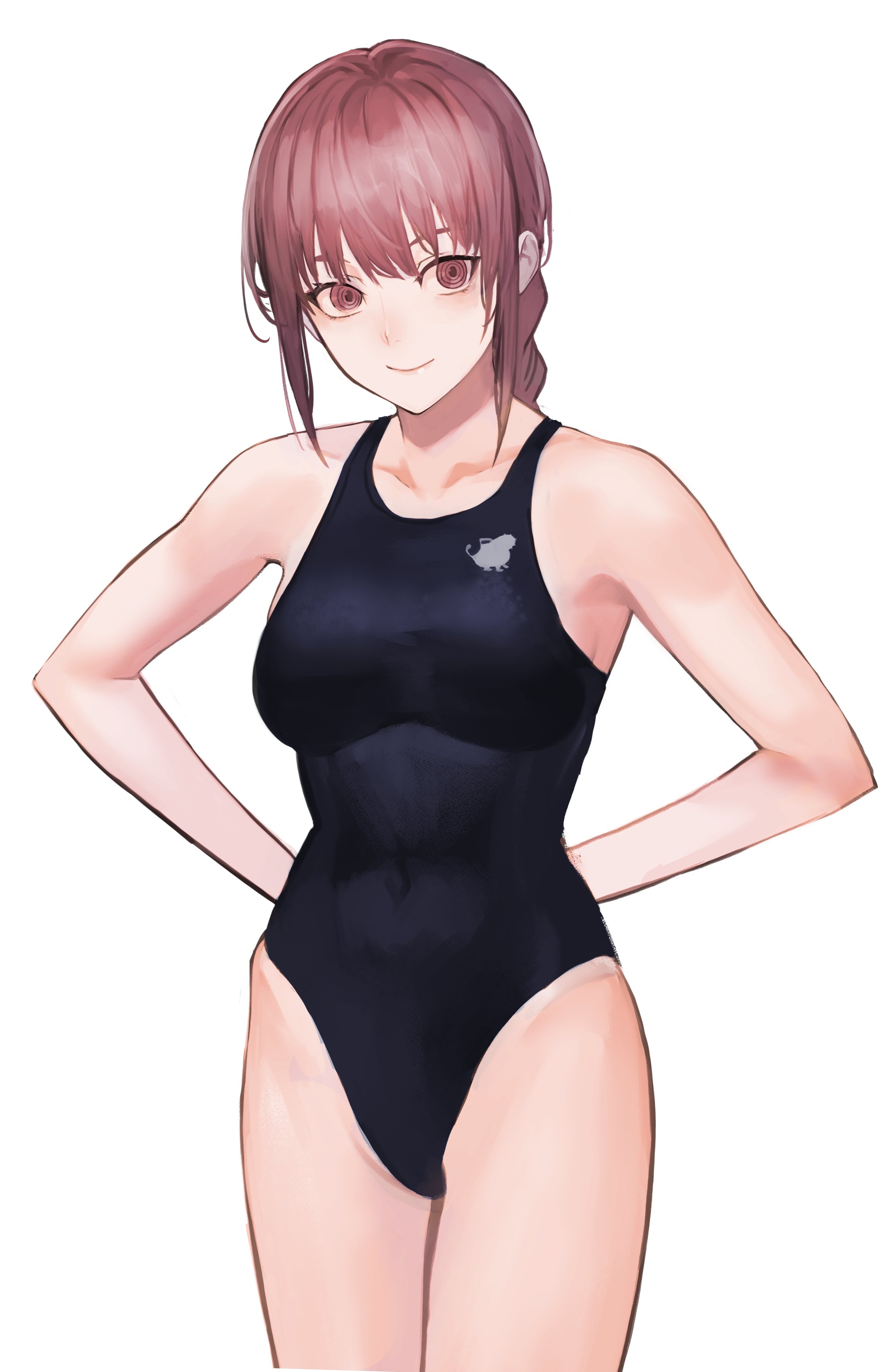 1girls, bare shoulders, breasts, chainsaw man, female, female focus, female only, highleg, highleg swimsuit, kazumasawatari, makima (chainsaw man), one-piece swimsuit, red hair, swimsuit, thick thighs, thighhighs, white background, yellow eyes