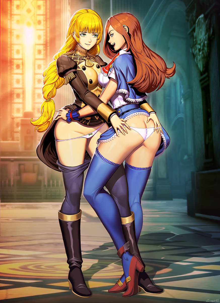 2girls ascot ass ass_grab back bare_thighs blonde_hair blouse blue_eyes blue_legwear book boots braid breasts brown_hair capelet castlevania castlevania:_portrait_of_ruin charlotte_aulin crossover female female_only fire_emblem fire_emblem:_three_houses garreg_mach_monastery_uniform genzoman gloves green_eyes grin groin hair_ornament heels highres hug ingrid_brandl_galatea large_ass lifted_by_another lingerie long_hair long_sleeves medium_breasts multiple_girls nintendo open_mouth panties panty_pull pantyhose pantyhose_down shirt skirt skirt_lift smile stockings thighhighs thighs underwear undressing undressing_another undressing_partner uniform upskirt white_panties yuri