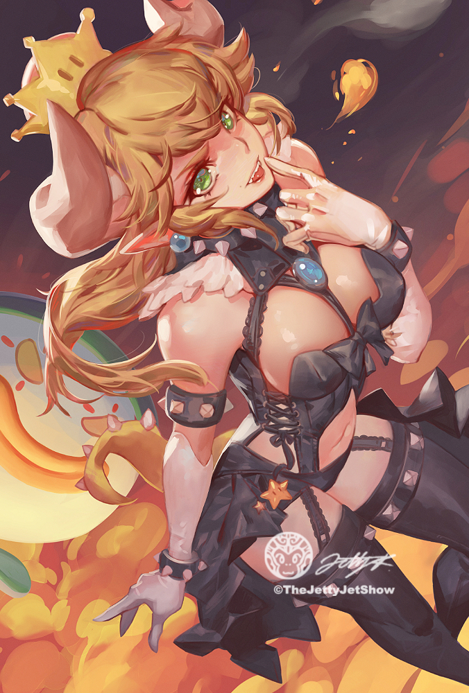 1girls big_breasts black_corset blonde_hair bowsette bracelet breasts brooch cleavage collar corset crown elbow_gloves female female_only garter_straps gloves high-angle_view koopa_clown_car large_breasts light-skinned_female mario_(series) midriff new_super_mario_bros._u_deluxe nintendo painting_(artwork) panties showgirl_skirt solo spiked_bracelet spiked_collar thejettyjetshow thighhighs