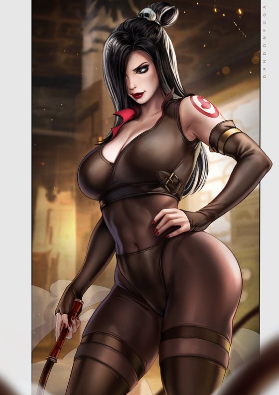 1girls, abs, ass, avatar the last airbender, big ass, big breasts, black hair, breasts, cleavage, clothing, dandon fuga, female, hair covering one eye, hand on hip, holding whip, june (avatar), large breasts, long hair, nickelodeon, stockings, tattoo, thick thighs, whip