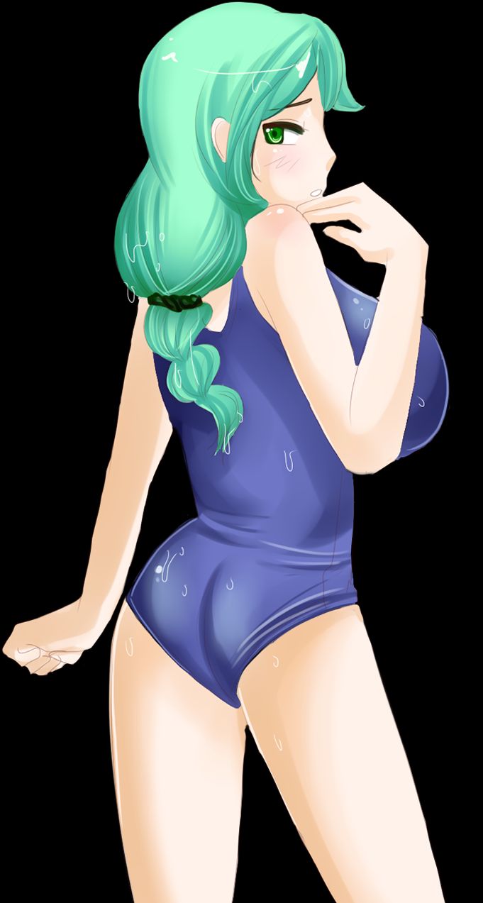 1futa ass big_breasts breasts futanari green_eyes green_hair huge_breasts large_breasts misaki_(plum_tea) plum_tea saintxtail sprite sprite_art sukumizu sweat swimsuit wet