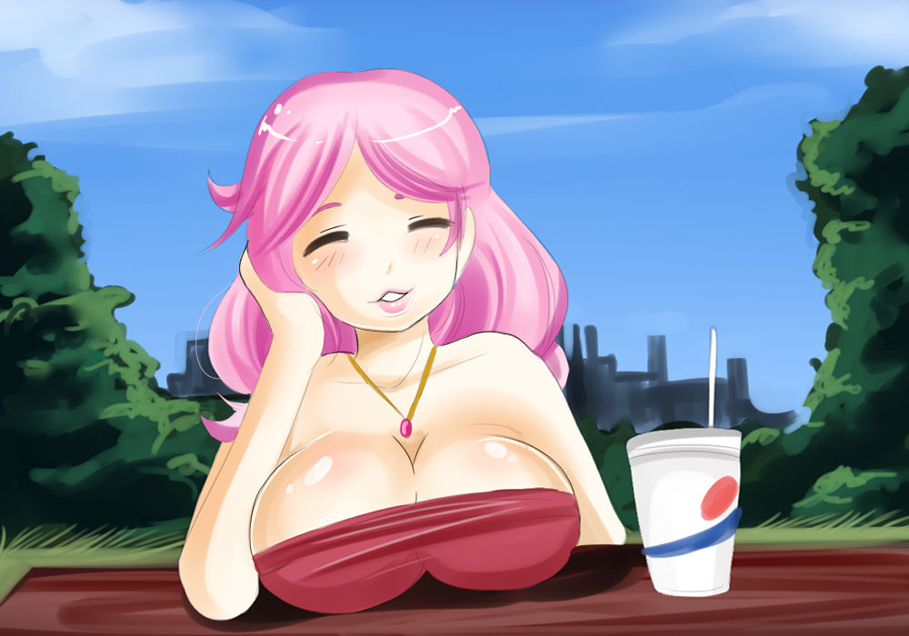 1futa big_breasts breasts breasts_bigger_than_head breasts_on_table cleavage dress drink fumiko_fujimoto_(plum_tea) futanari game_cg hand_on_face hand_on_hair huge_breasts large_breasts lipstick necklace outdoors outside plum_tea saintxtail sitting