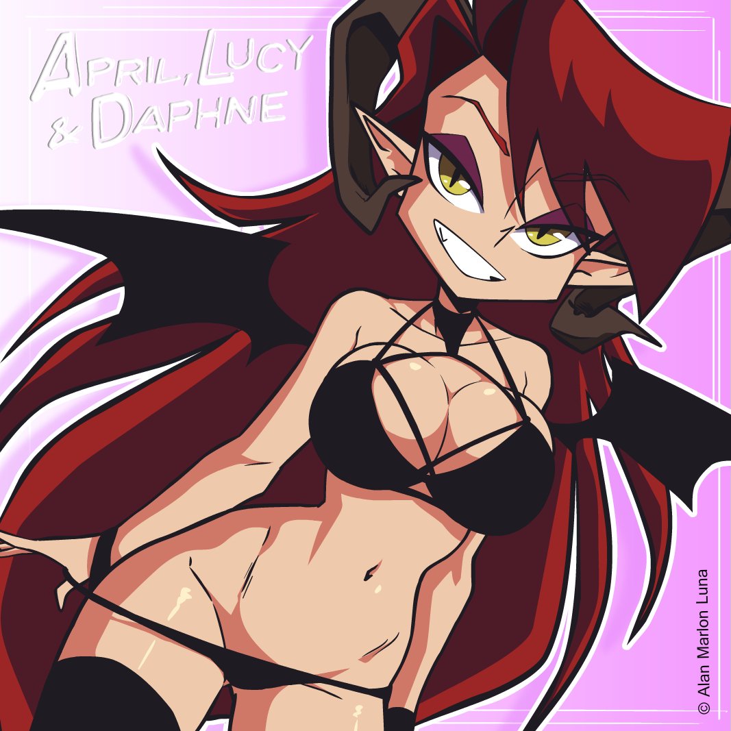 1:1_aspect_ratio ald_arts bracelet breasts choker cleavage clothes_pull daphne_(ald_arts) exposed_shoulders female horns jewelry large_breasts long_hair looking_at_viewer navel oerba_yun_fang original original_character pantsu panty_pull pointed_ears red_hair simple_background smile solo succubus succubus_costume teeth thighhighs underwear underwear_only underwear_pull wings