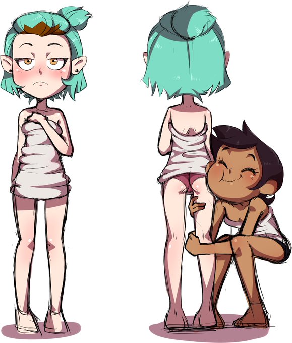 2girls, amity blight, blush, canon couple, cartoony, dark hair, dark skin, dark-skinned female, disney, disney channel, disney xd, female, female face near ass, female only, green eyes, green hair, hispanic, interracial, interracial yuri, light skin, light-skinned female, luz noceda, multiple females, multiple girls, no watermark, ohgelioh (artist), pointy ears, ponytail, pussy, rough sketch, short hair, simple background, smile, straight hair, teenager, the owl house, towel, white background, wholesome, yellow eyes