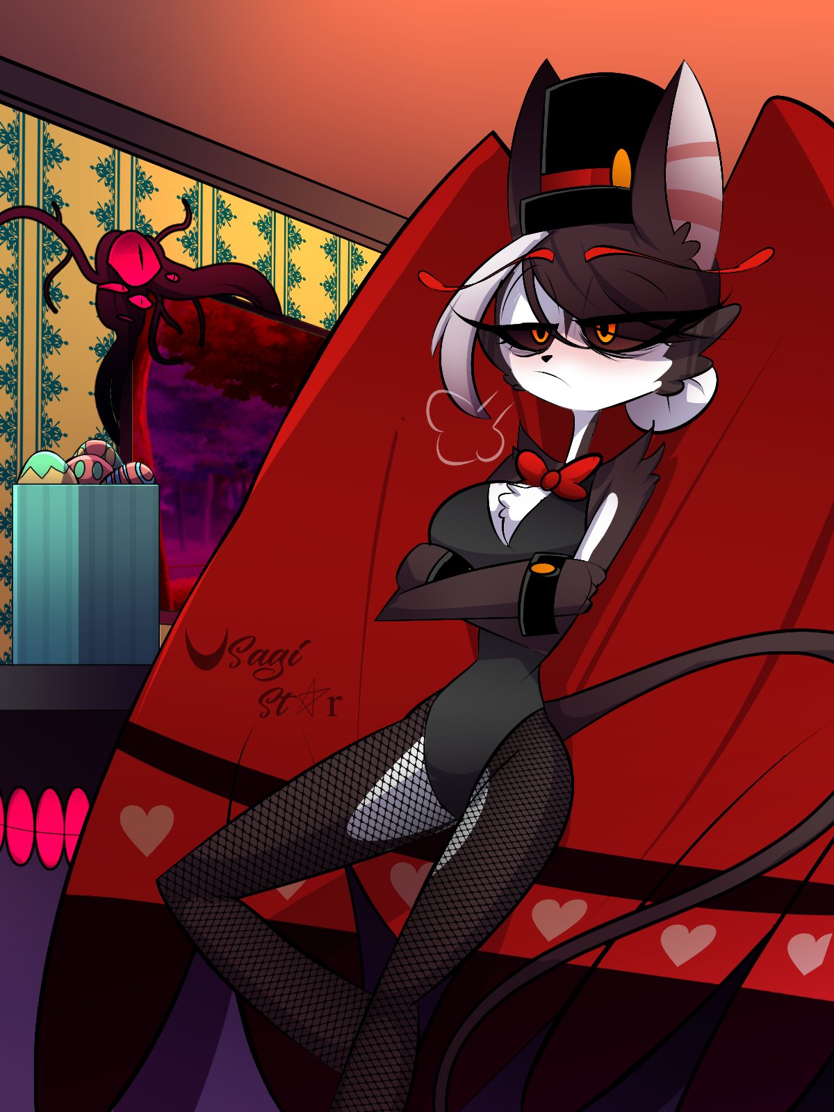 bunnysuit cat_ears cat_tail catgirl demon demon_girl demon_humanoid feline feline_humanoid female female_husk_(hazbin_hotel) fishnet_legwear fishnets hazbin_hotel husk_(hazbin_hotel) rule_63 solo solo_female tagme usagi_star