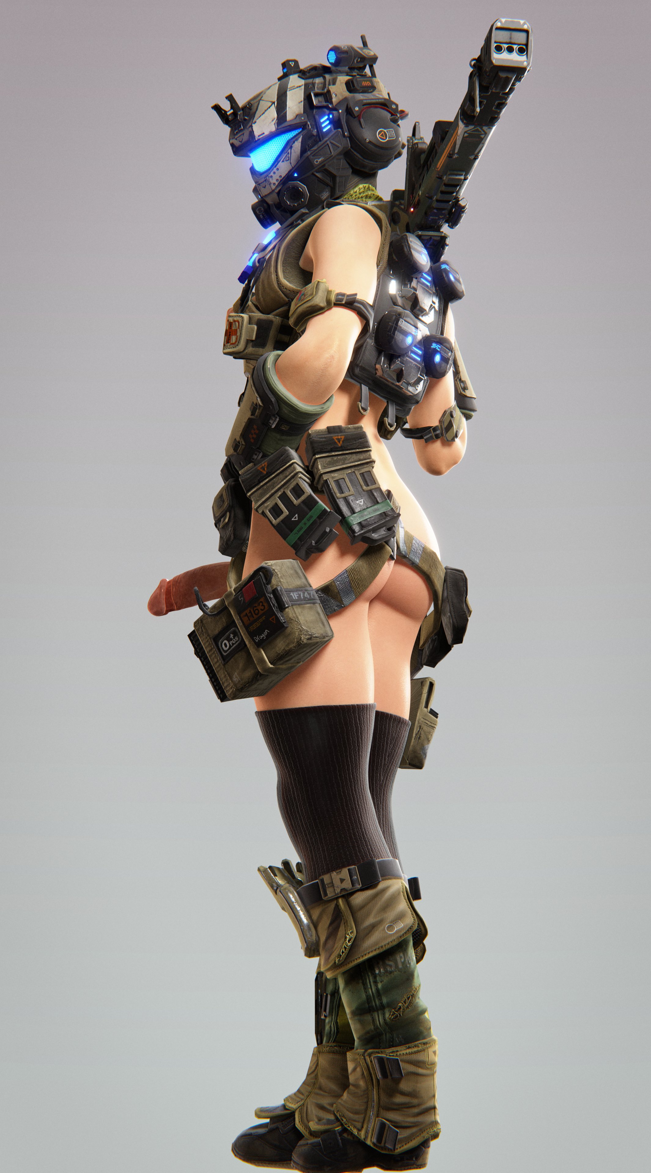 ass, futanari, gun, helmet, intersex, llamasarepink, pilot (titanfall), pinup, pulse blade pilot, thighhighs, titanfall, titanfall 2