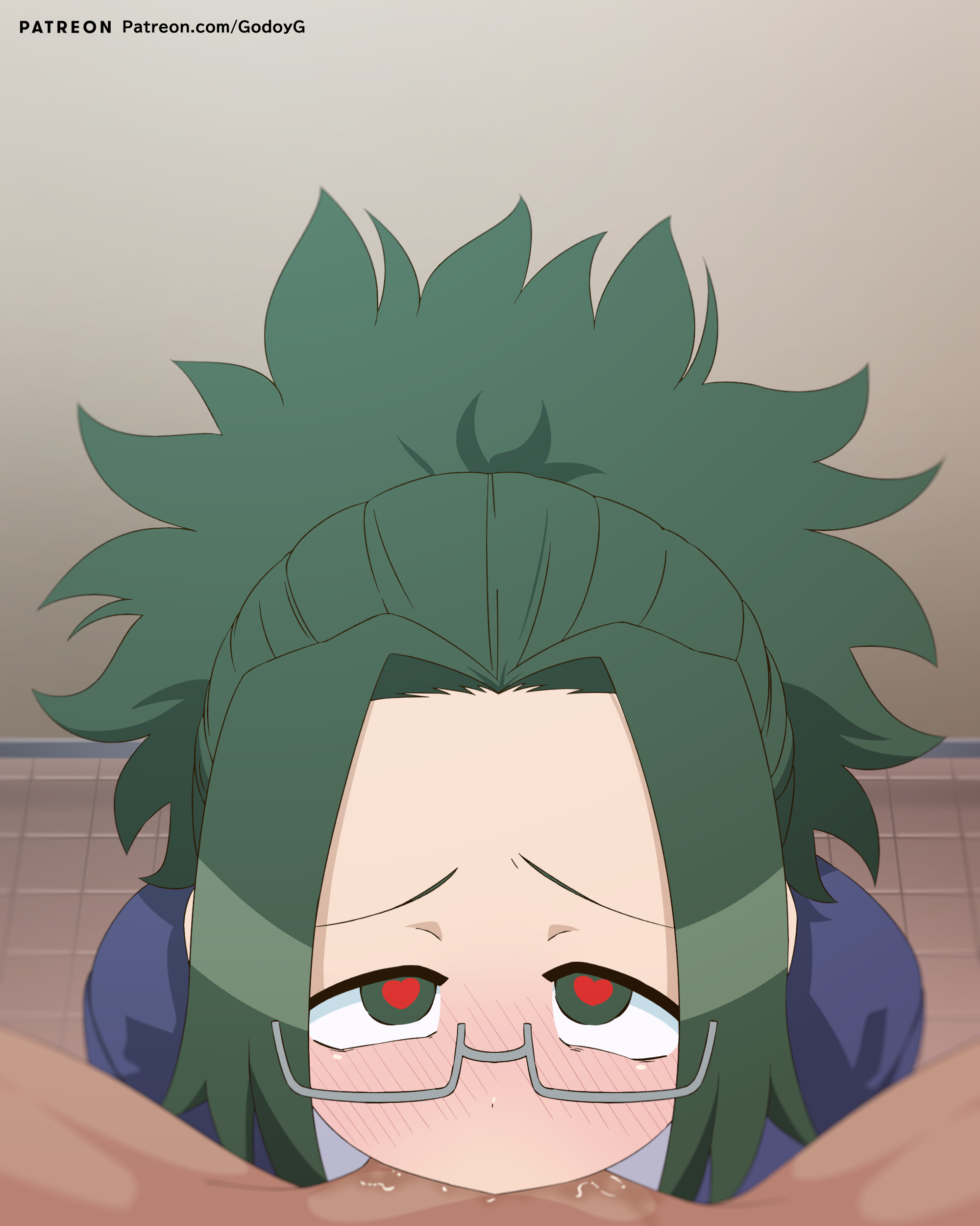 1boy, 1girls, agari himiko, all the way to the base, blowjob, blush, clothed female nude male, deepthroat, deepthroat holder, deepthroat no hands, eye contact, felipe godoy, fellatio, fellatio gesture, female, glasses, green eyes, green hair, heart-shaped pupils, komi-san wa komyushou desu, looking at viewer, male, male pov, oral, penis, pov, saliva, uncensored