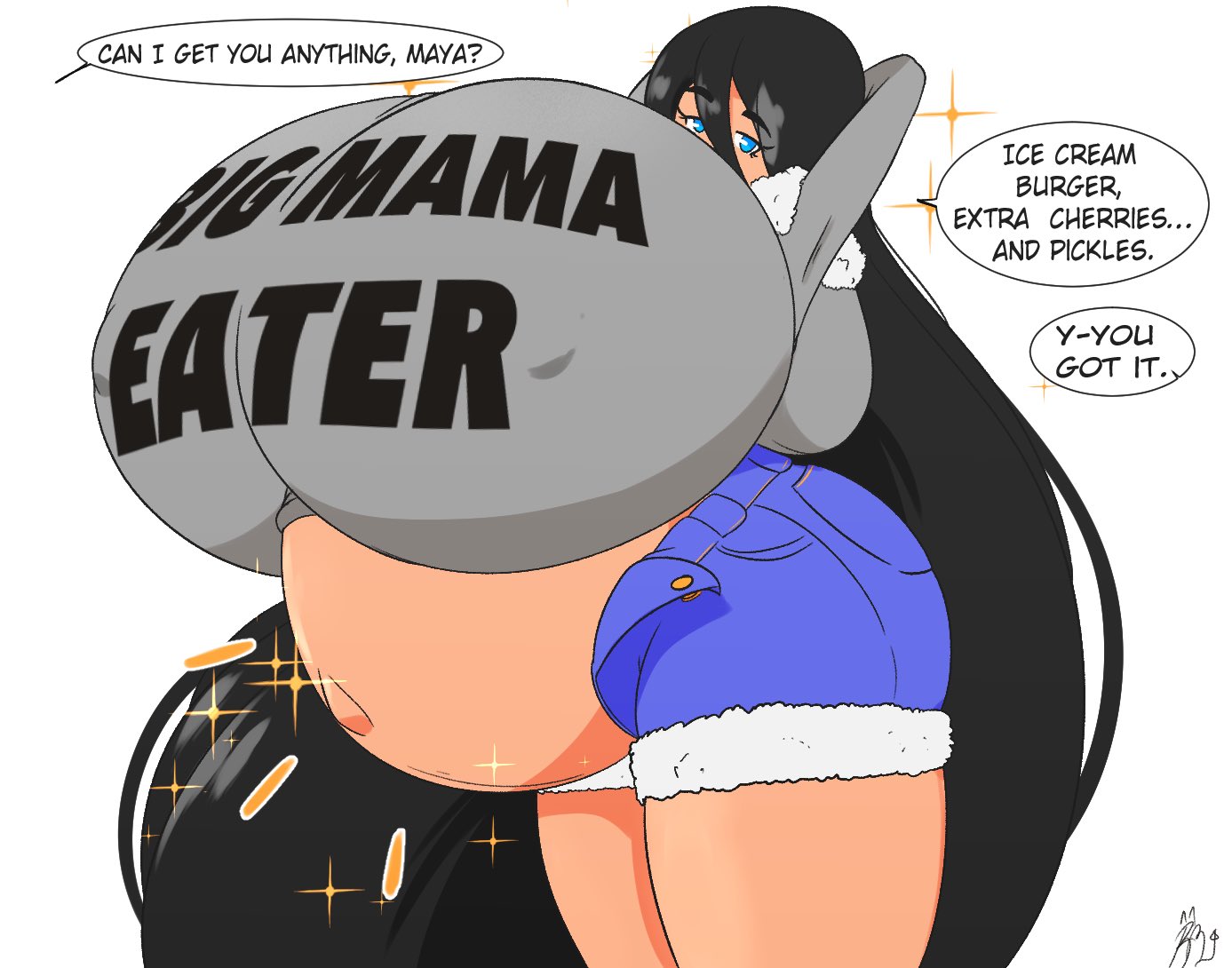 1girls, belly, big belly, big breasts, black hair, blue eyes, breasts, dialogue, disproportional, female, female only, hoodie, huge breasts, hungry, hyper belly, hyper breasts, hyper pregnancy, long hair, looking at viewer, massive breasts, maya (spaceleft), pregnancy cravings, pregnant, purpleguyri, riley moore (artist), shorts, solo female, stretching, tagme, taller female, text, text bubble, thick thighs, unzipped pants
